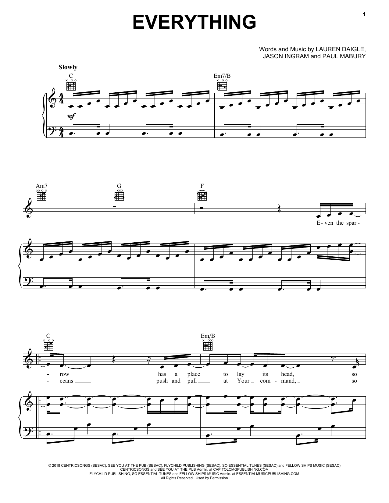Lauren Daigle Everything sheet music notes and chords arranged for Piano, Vocal & Guitar Chords (Right-Hand Melody)