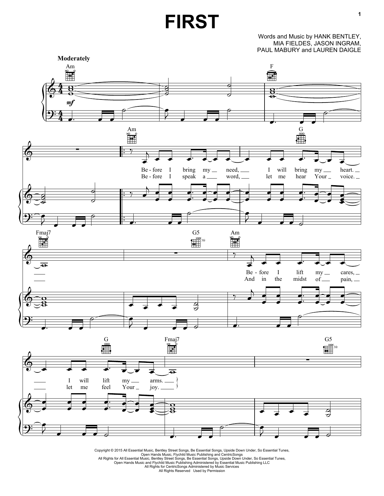 Lauren Daigle First sheet music notes and chords arranged for Piano, Vocal & Guitar Chords (Right-Hand Melody)