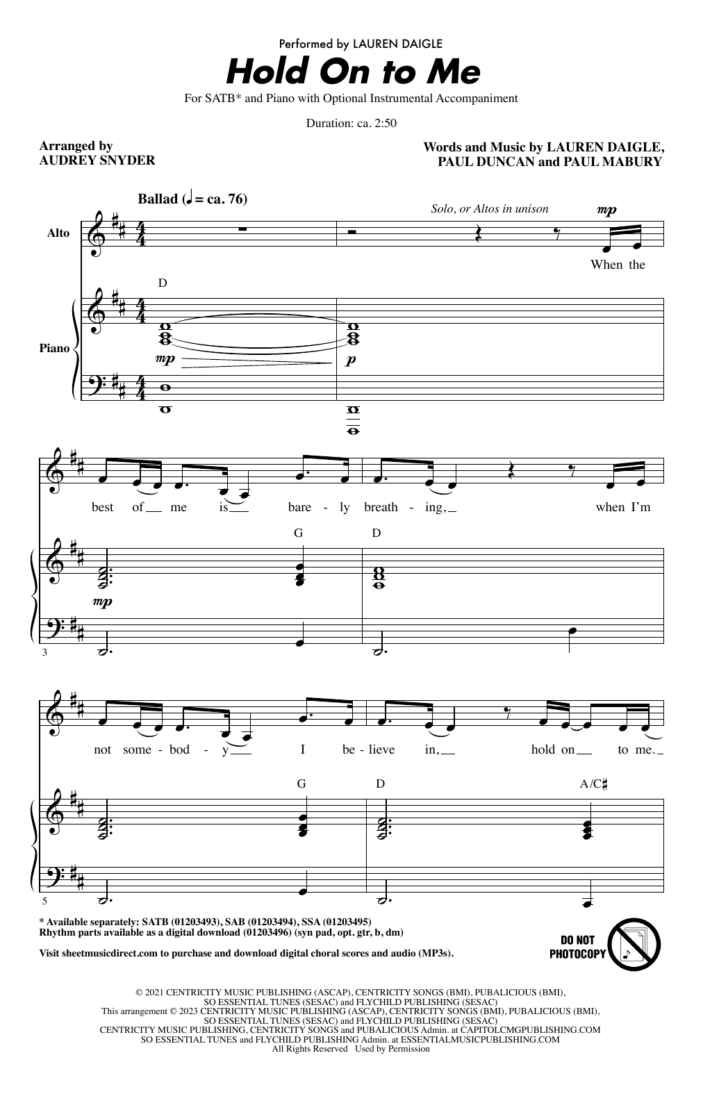 Lauren Daigle Hold On To Me (arr. Audrey Snyder) sheet music notes and chords arranged for SAB Choir