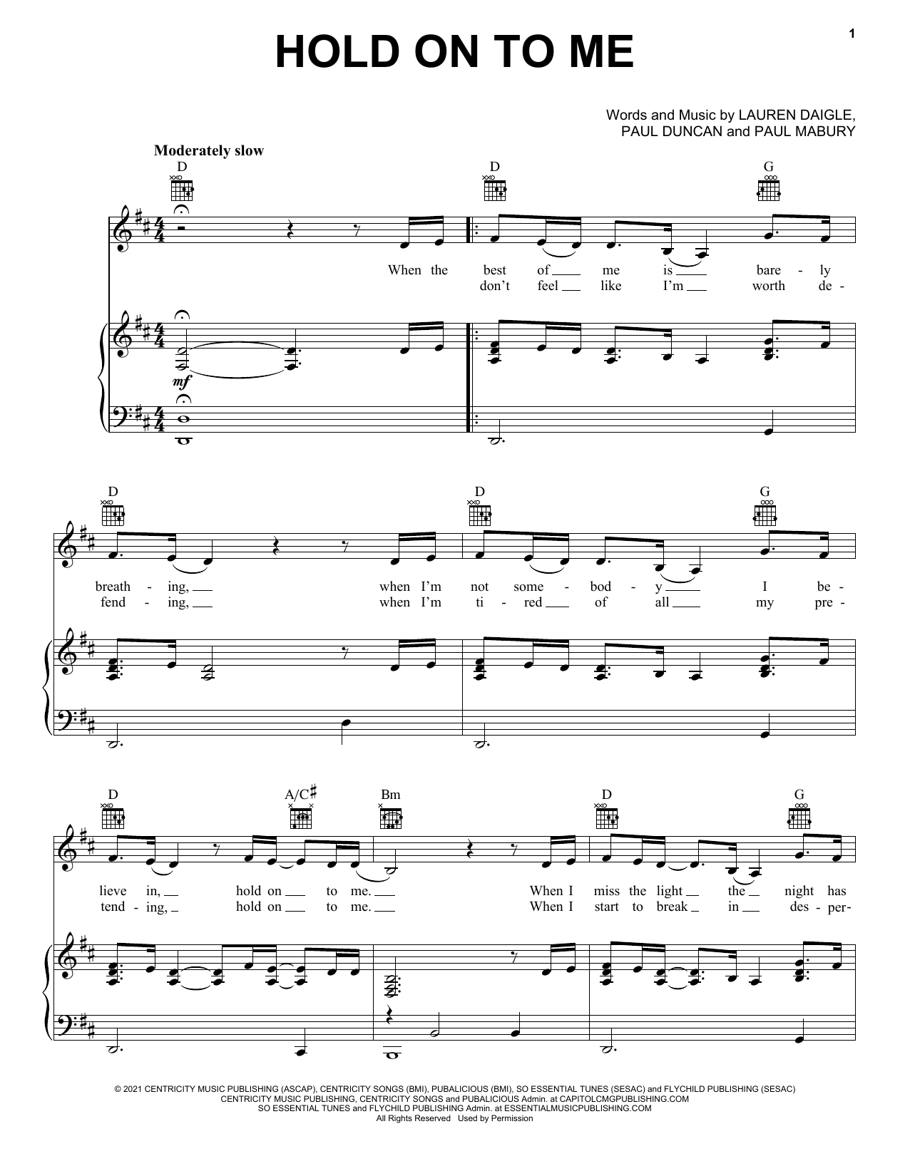Lauren Daigle Hold On To Me sheet music notes and chords arranged for Piano, Vocal & Guitar Chords (Right-Hand Melody)