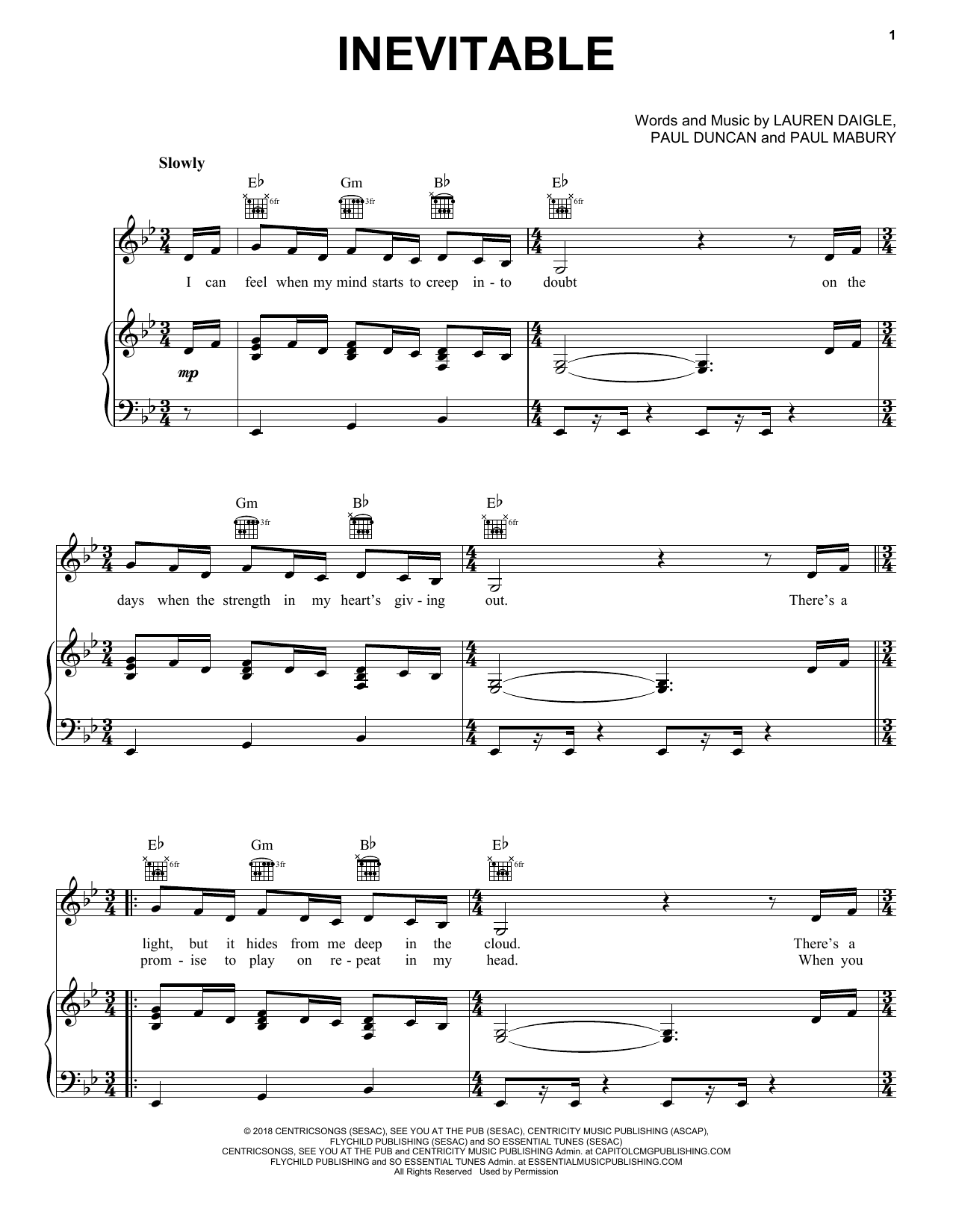 Lauren Daigle Inevitable sheet music notes and chords arranged for Easy Piano