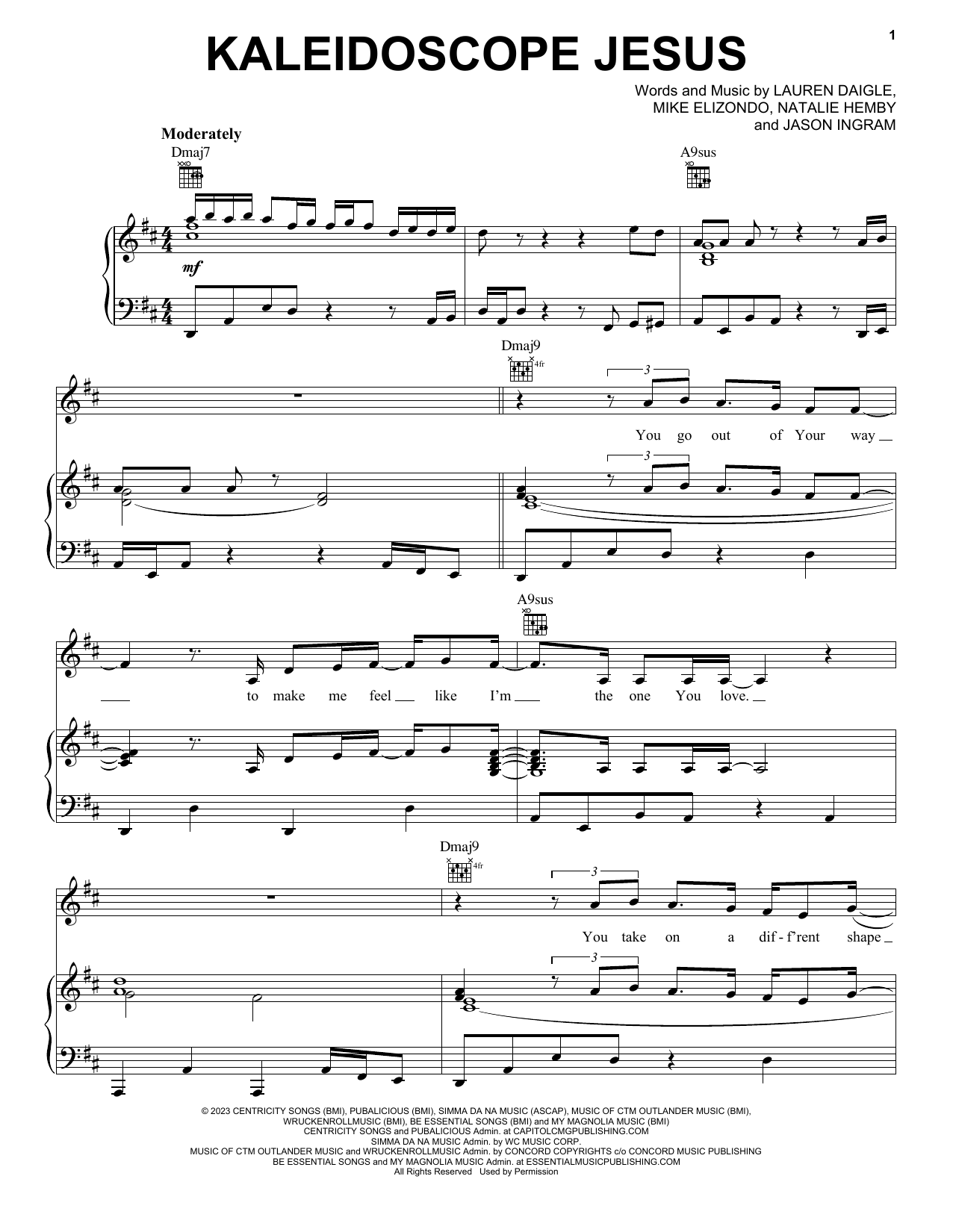 Lauren Daigle Kaleidoscope Jesus sheet music notes and chords arranged for Piano, Vocal & Guitar Chords (Right-Hand Melody)