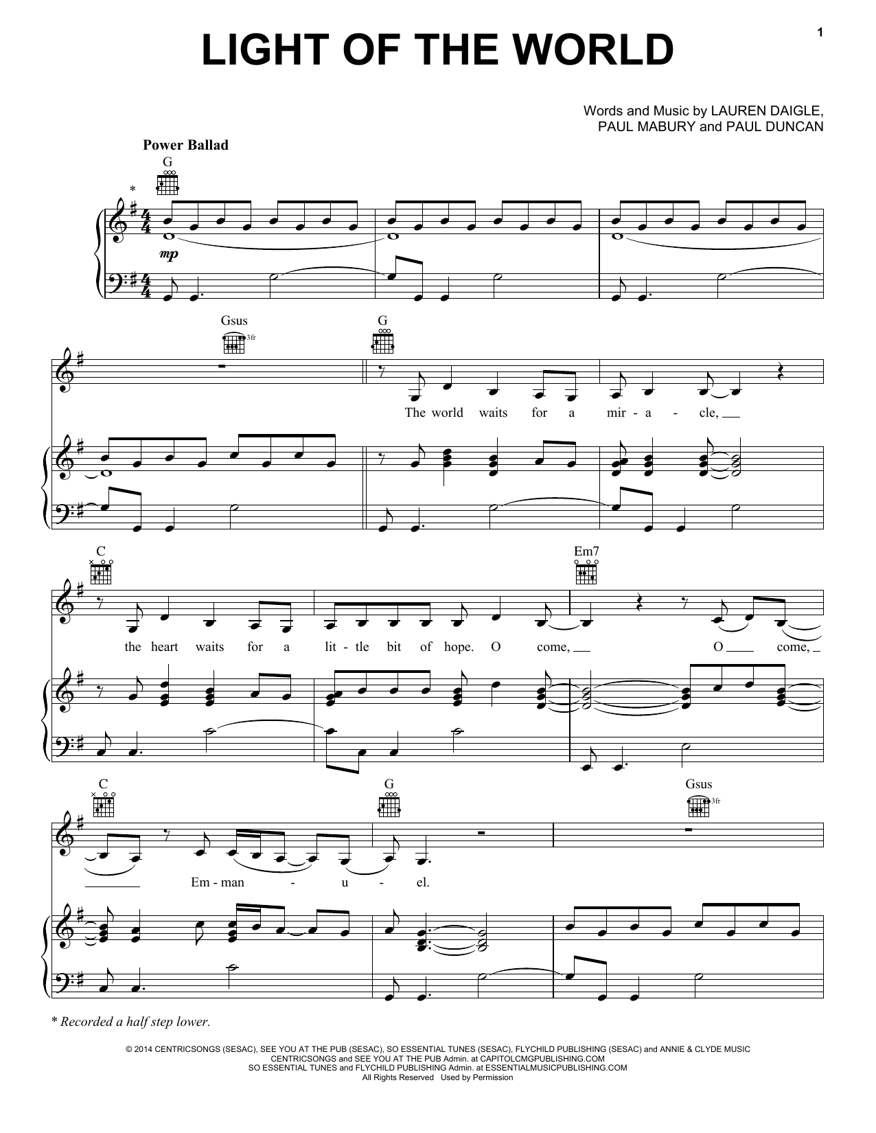 Lauren Daigle Light Of The World sheet music notes and chords arranged for Piano, Vocal & Guitar Chords (Right-Hand Melody)