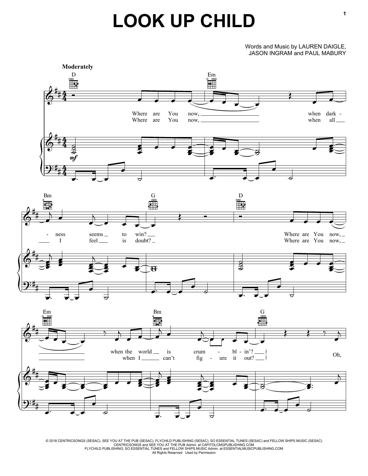 Lauren Daigle Look Up Child sheet music notes and chords arranged for Easy Piano