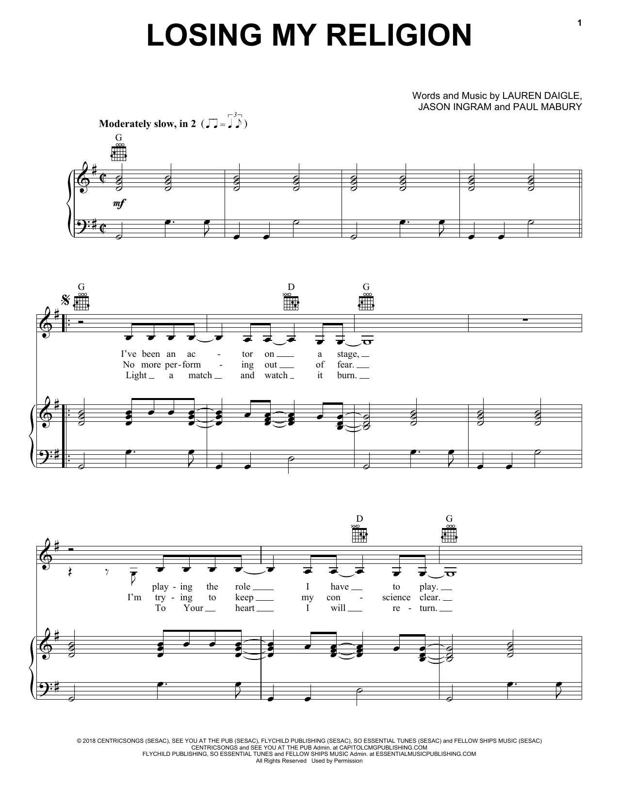 Lauren Daigle Losing My Religion sheet music notes and chords arranged for Easy Piano