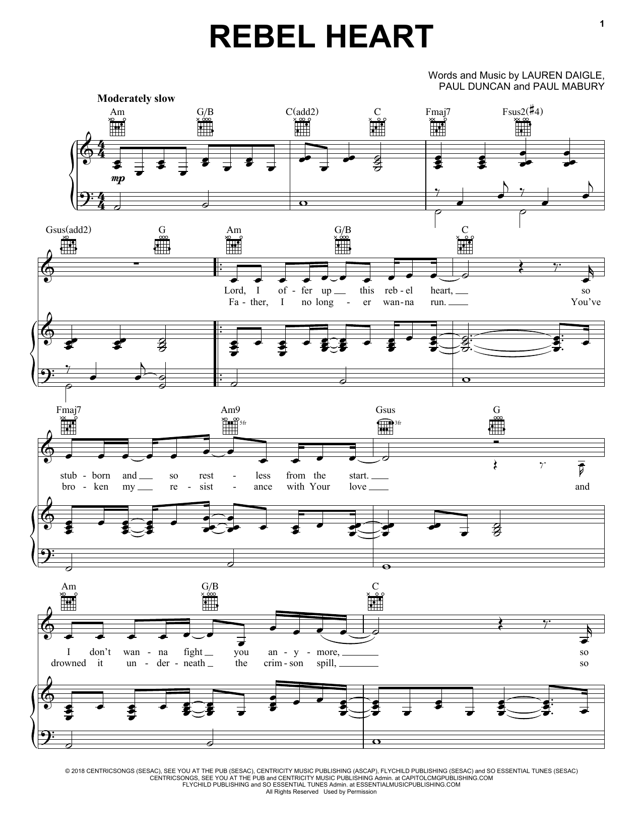 Lauren Daigle Rebel Heart sheet music notes and chords arranged for Piano, Vocal & Guitar Chords (Right-Hand Melody)