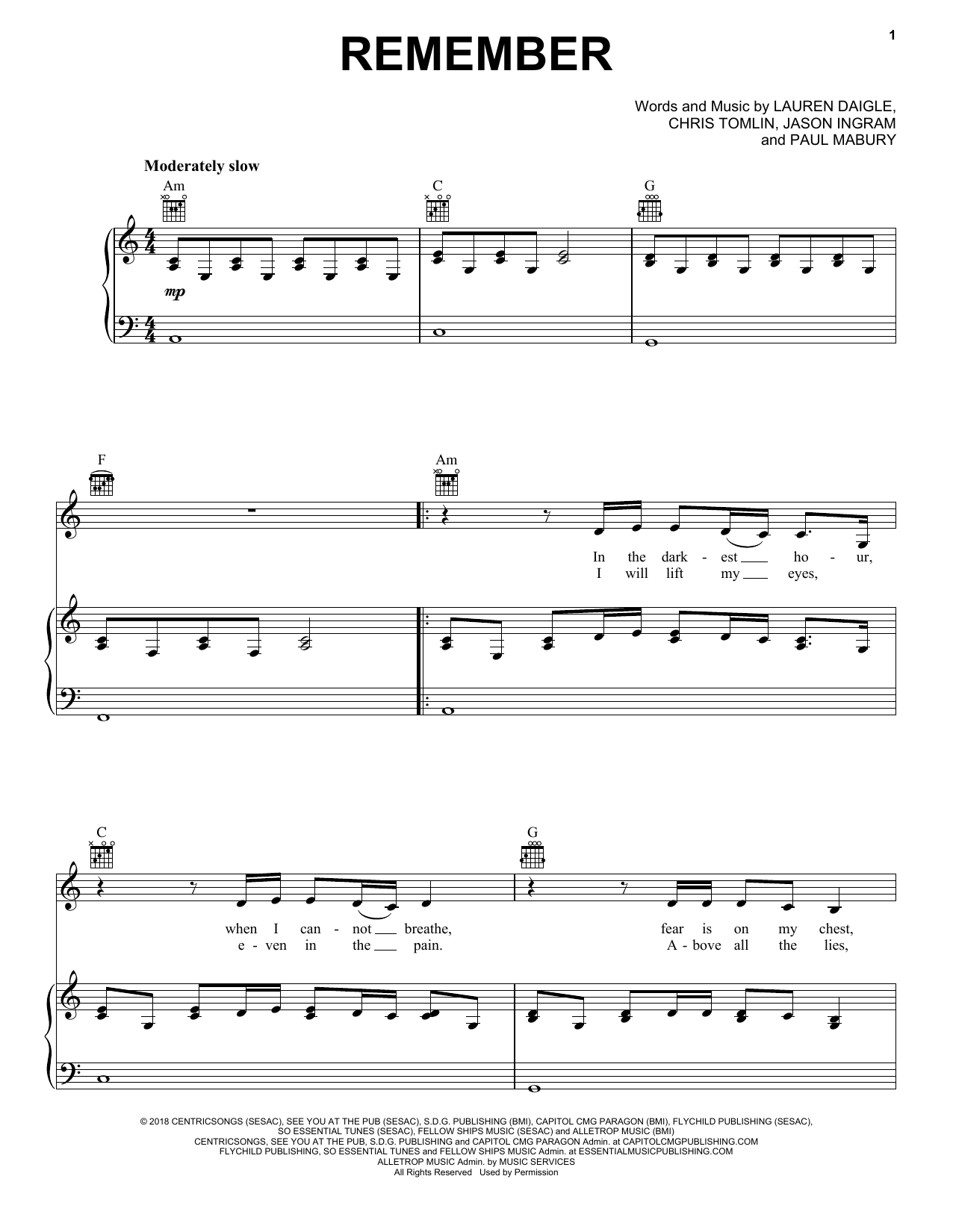 Lauren Daigle Remember sheet music notes and chords arranged for Piano, Vocal & Guitar Chords (Right-Hand Melody)