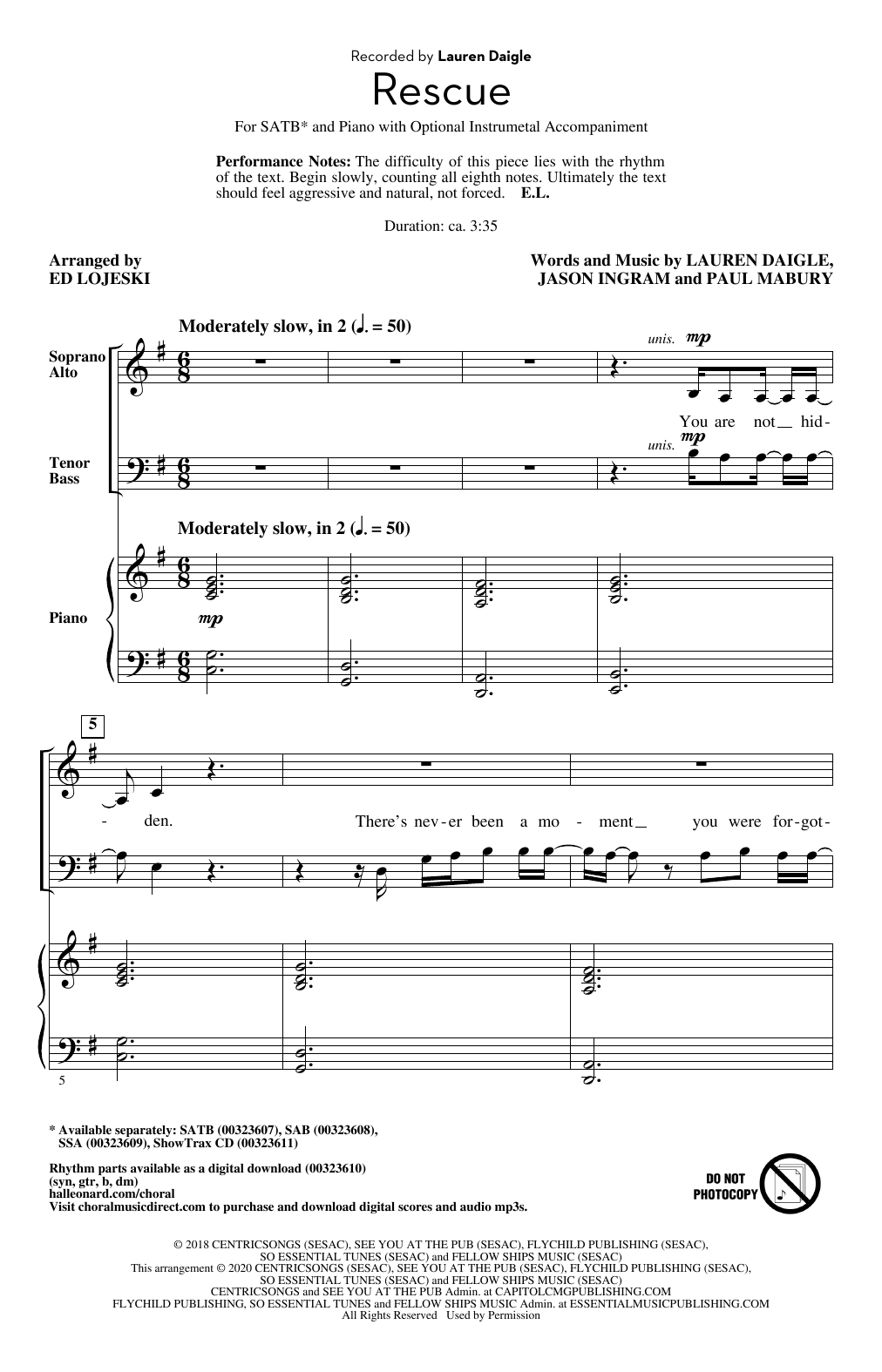 Lauren Daigle Rescue (arr. Ed Lojeski) sheet music notes and chords arranged for SATB Choir