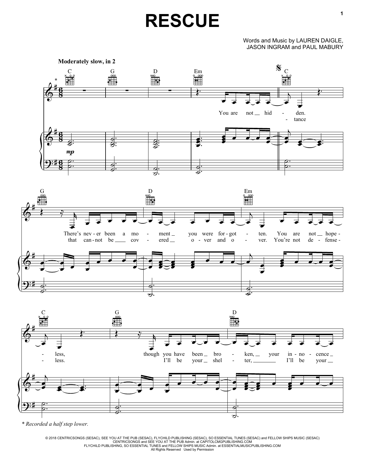 Lauren Daigle Rescue sheet music notes and chords arranged for Easy Piano