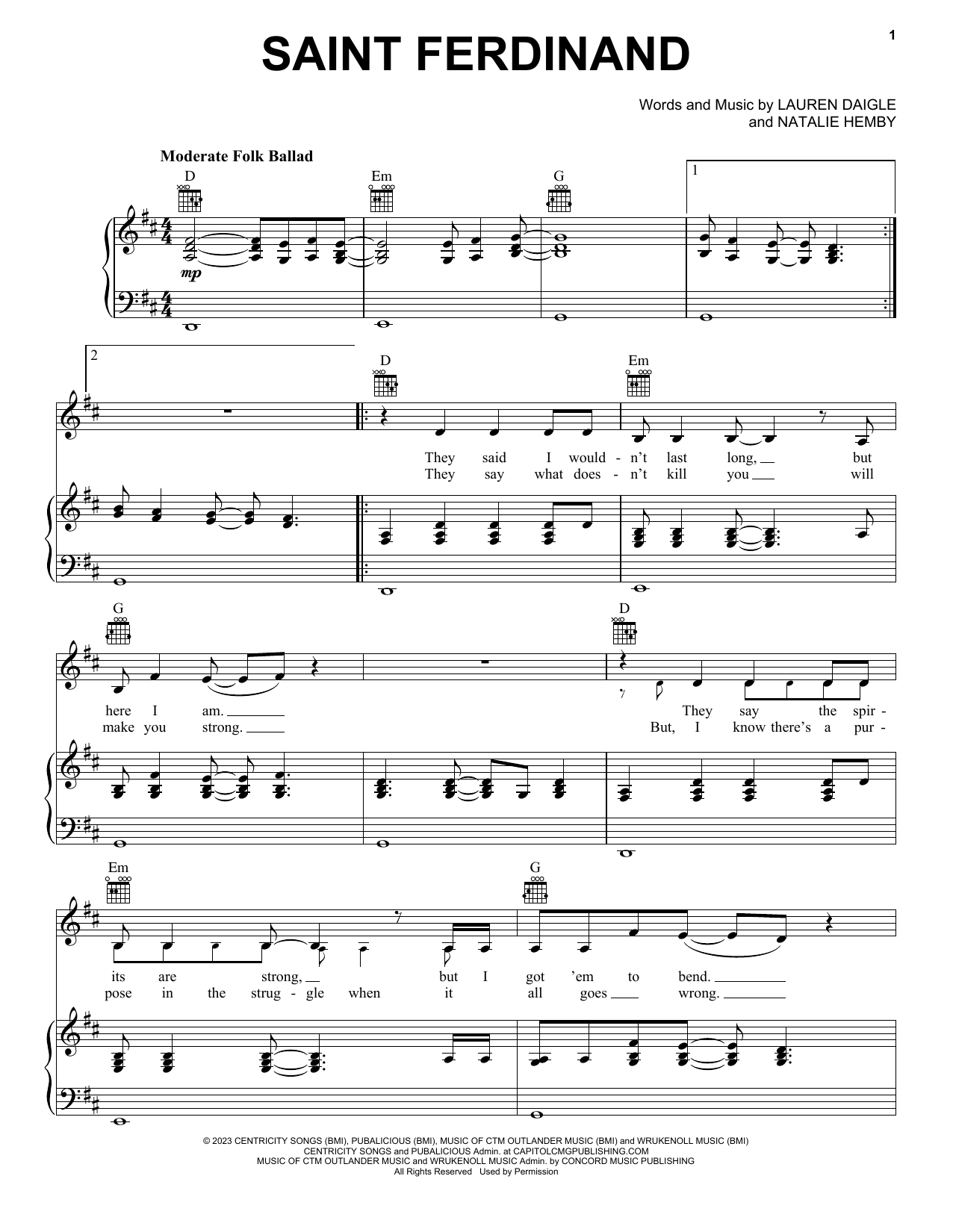Lauren Daigle Saint Ferdinand sheet music notes and chords arranged for Piano, Vocal & Guitar Chords (Right-Hand Melody)