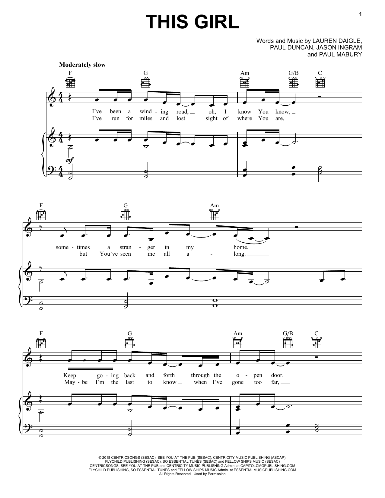 Lauren Daigle This Girl sheet music notes and chords arranged for Easy Piano