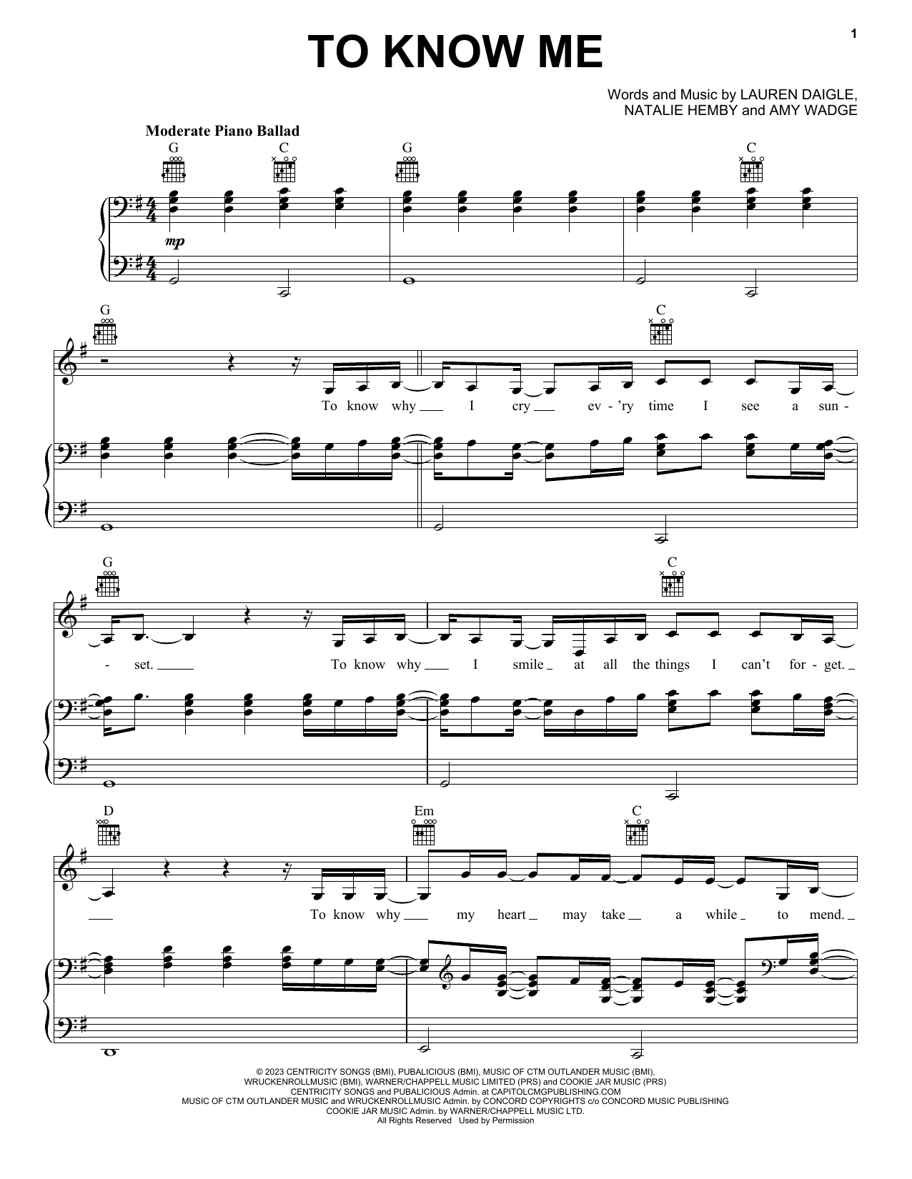 Lauren Daigle To Know Me sheet music notes and chords arranged for Piano, Vocal & Guitar Chords (Right-Hand Melody)