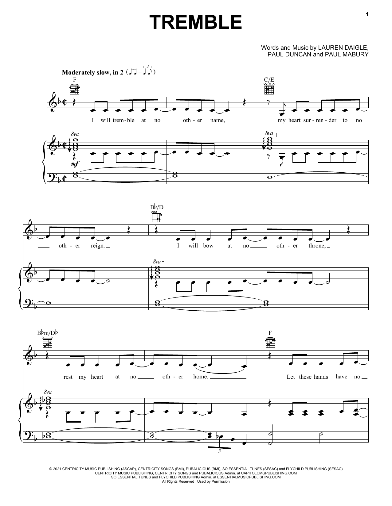 Lauren Daigle Tremble sheet music notes and chords arranged for Piano, Vocal & Guitar Chords (Right-Hand Melody)