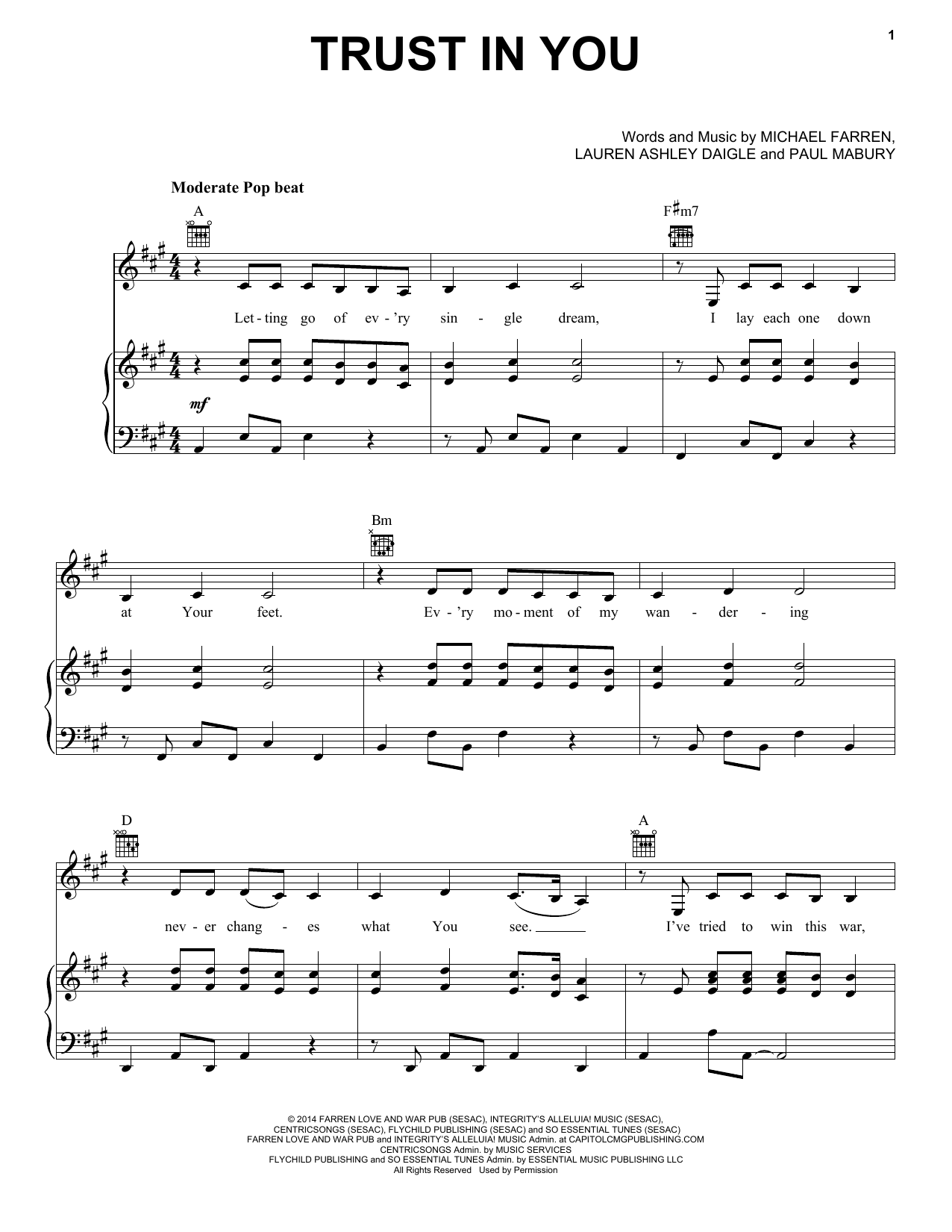 Lauren Daigle Trust In You sheet music notes and chords arranged for Easy Piano