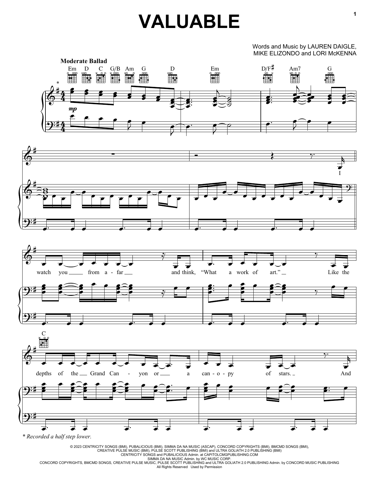 Lauren Daigle Valuable sheet music notes and chords arranged for Piano, Vocal & Guitar Chords (Right-Hand Melody)