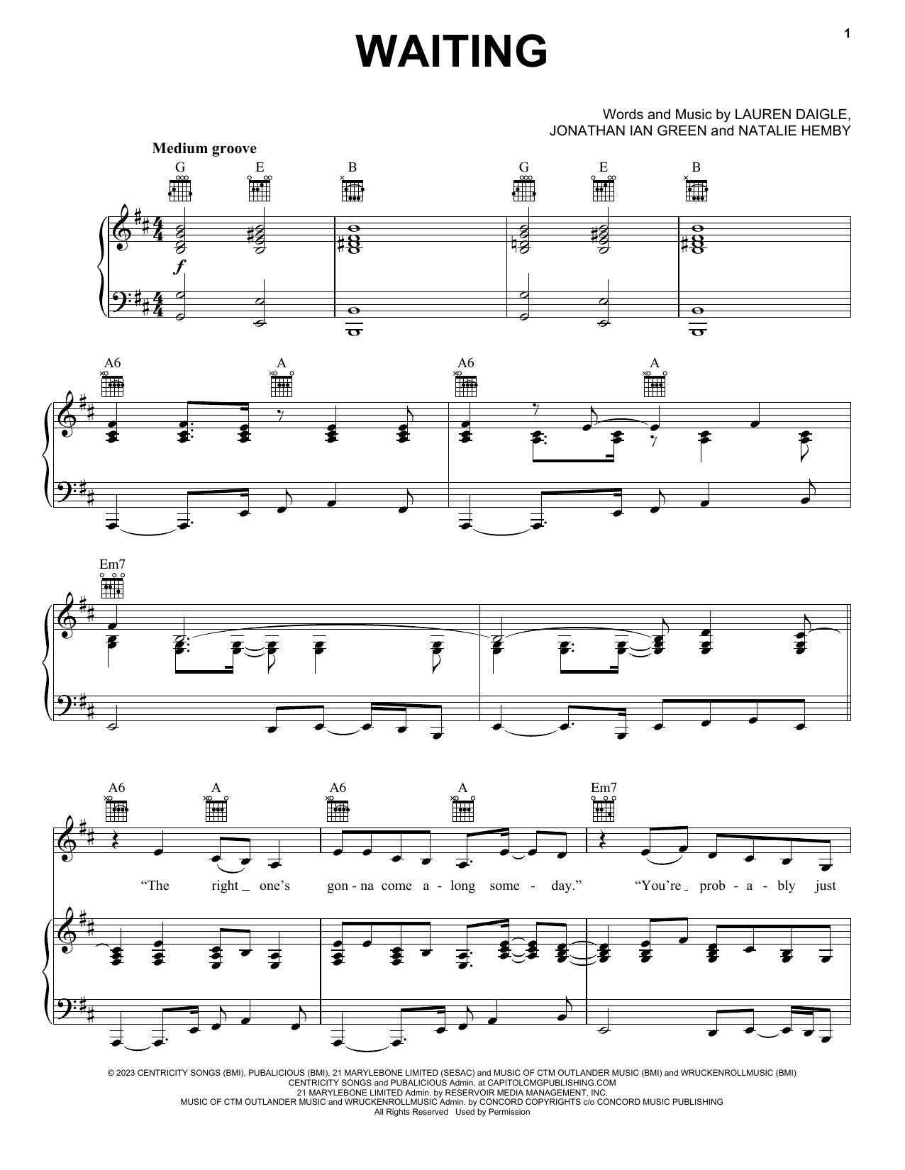 Lauren Daigle Waiting sheet music notes and chords arranged for Piano, Vocal & Guitar Chords (Right-Hand Melody)
