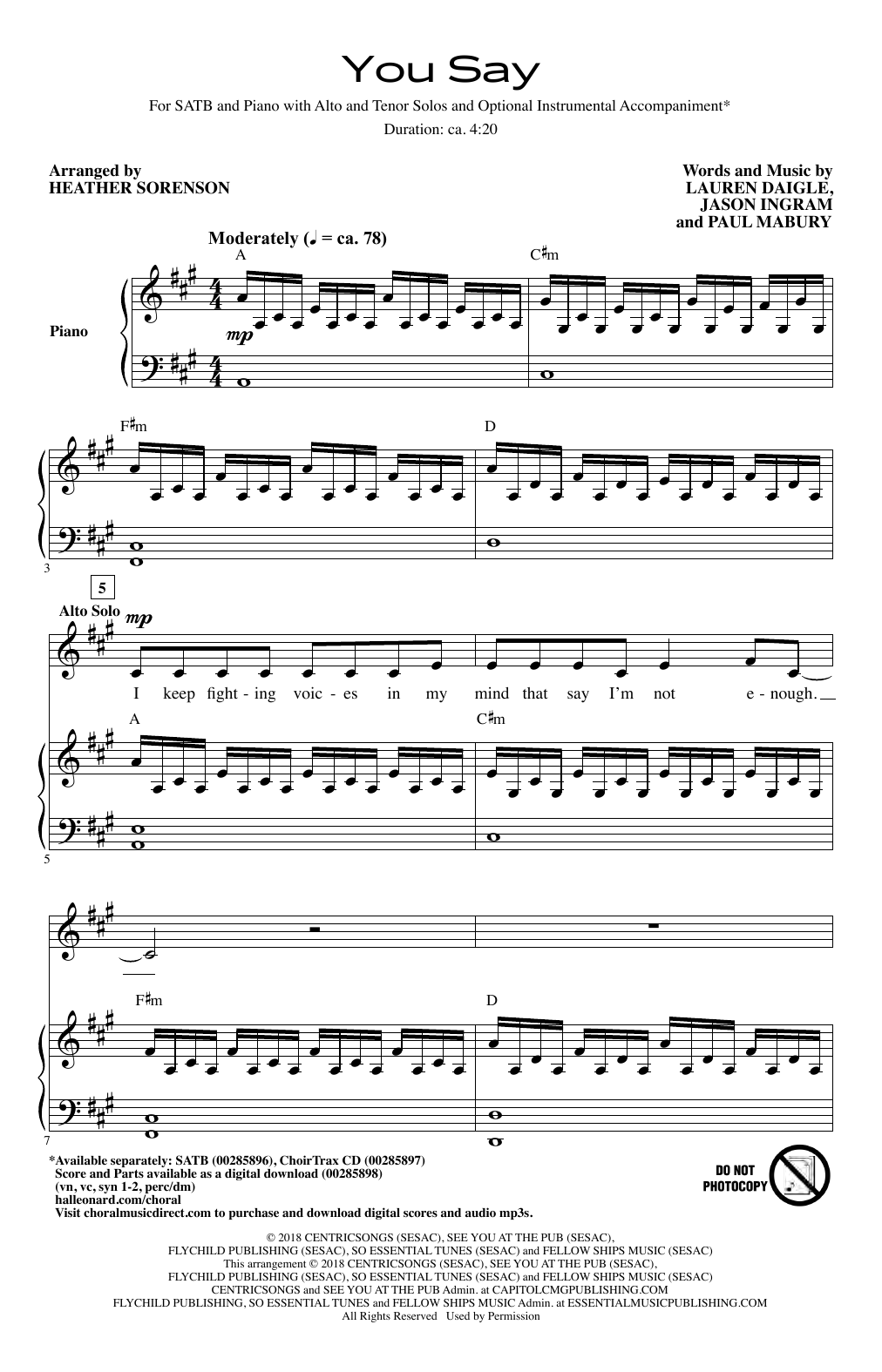Lauren Daigle You Say (arr. Heather Sorenson) sheet music notes and chords arranged for SATB Choir