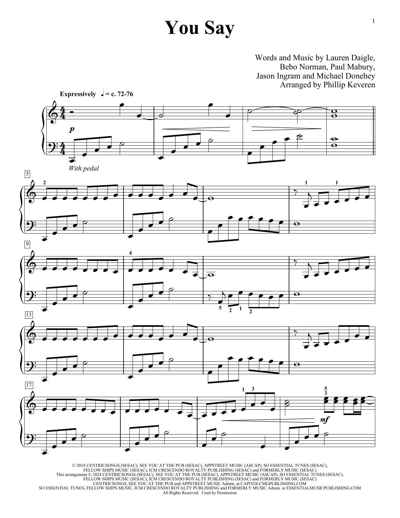 Lauren Daigle You Say (arr. Phillip Keveren) sheet music notes and chords arranged for Piano Solo