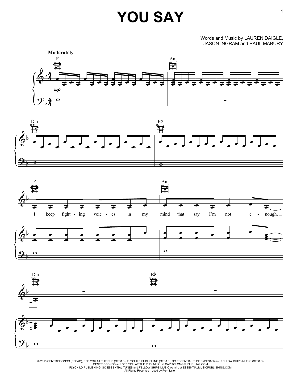 Lauren Daigle You Say sheet music notes and chords arranged for Super Easy Piano