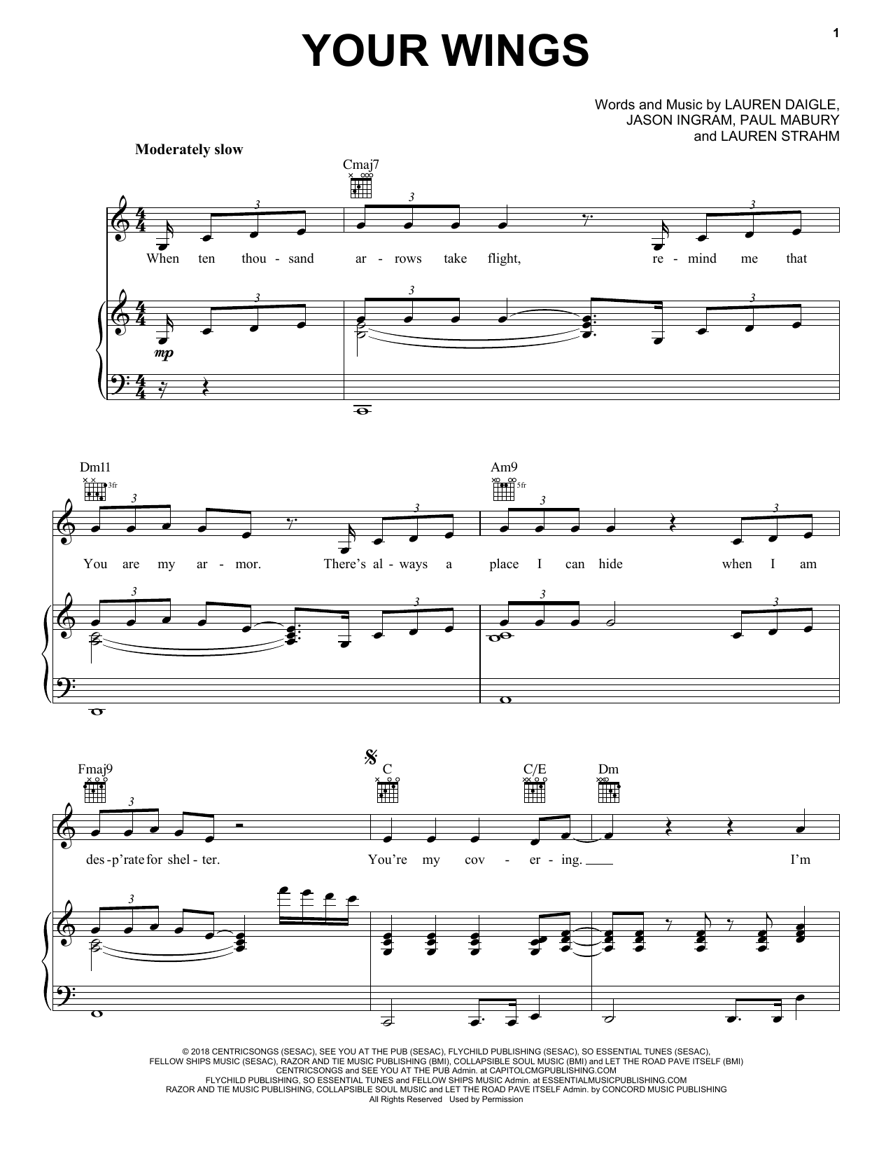 Lauren Daigle Your Wings sheet music notes and chords arranged for Piano, Vocal & Guitar Chords (Right-Hand Melody)