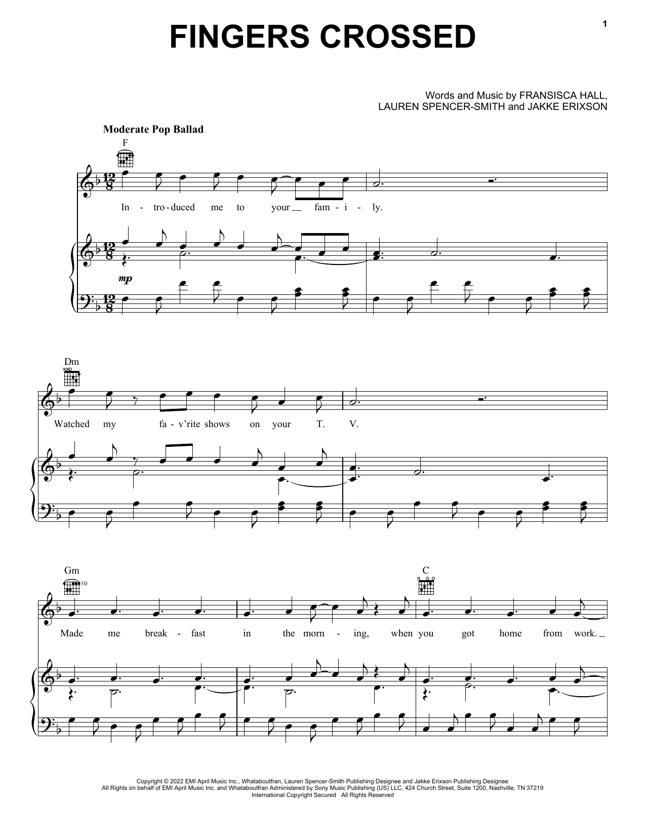 Lauren Spencer-Smith Fingers Crossed sheet music notes and chords arranged for Piano, Vocal & Guitar Chords (Right-Hand Melody)