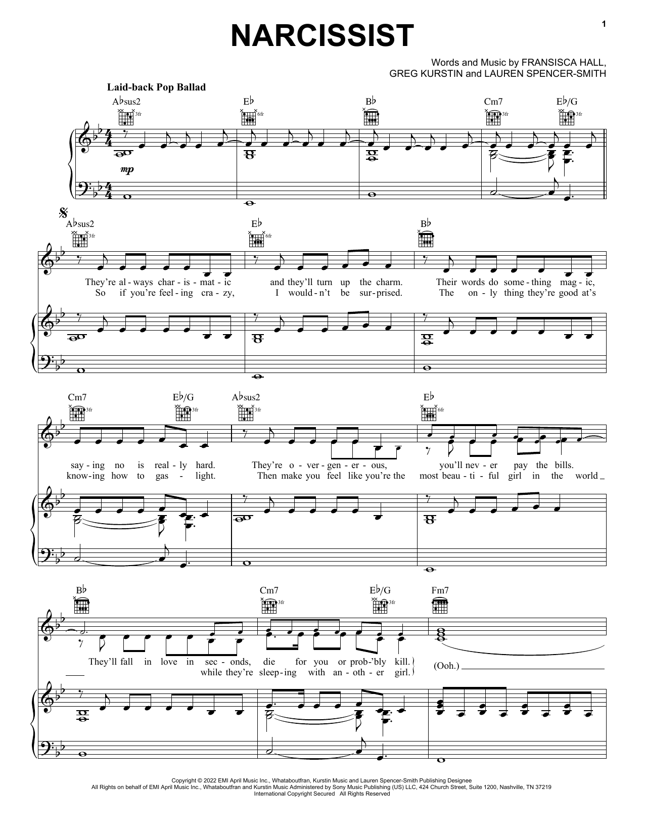 Lauren Spencer-Smith Narcissist sheet music notes and chords arranged for Piano, Vocal & Guitar Chords (Right-Hand Melody)