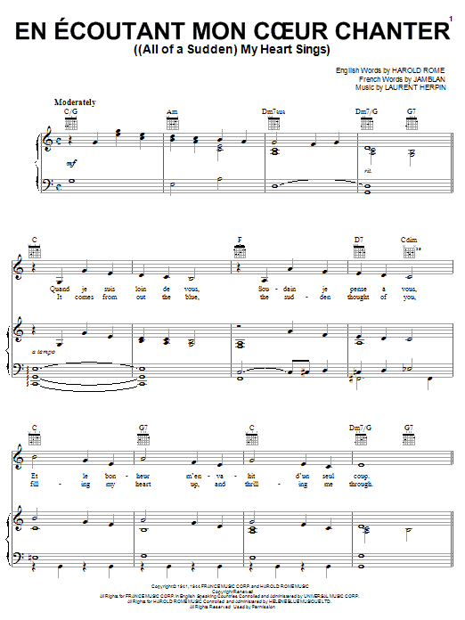 Paul Anka (All Of A Sudden) My Heart Sings sheet music notes and chords arranged for Piano, Vocal & Guitar Chords (Right-Hand Melody)