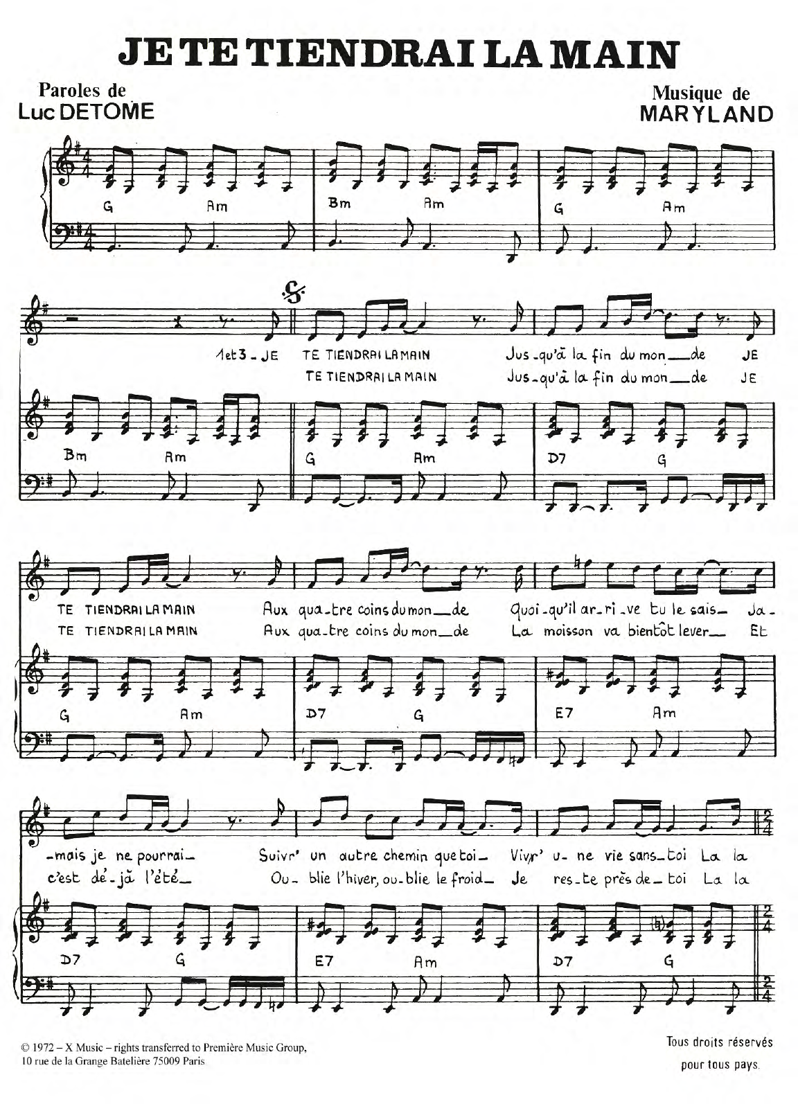 Laurent Rossi Je Te Tiendrai La Main sheet music notes and chords arranged for Piano & Vocal