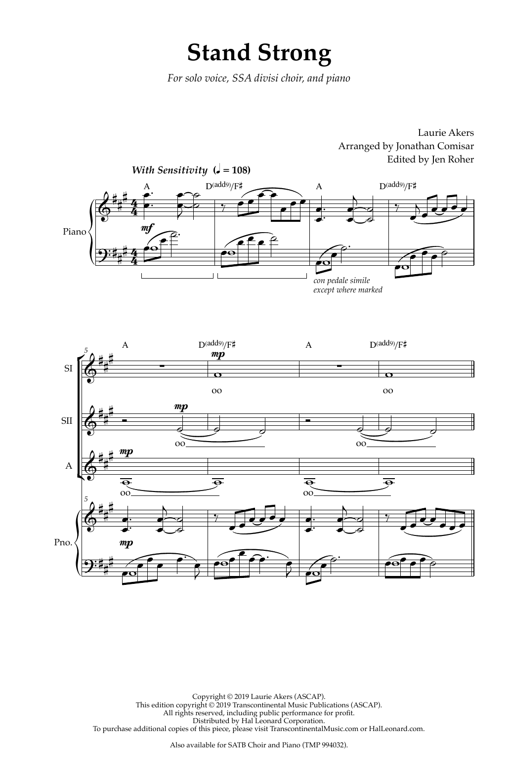 Laurie Akers Stand Strong (arr. Jonathan Comisar) sheet music notes and chords arranged for SSA Choir
