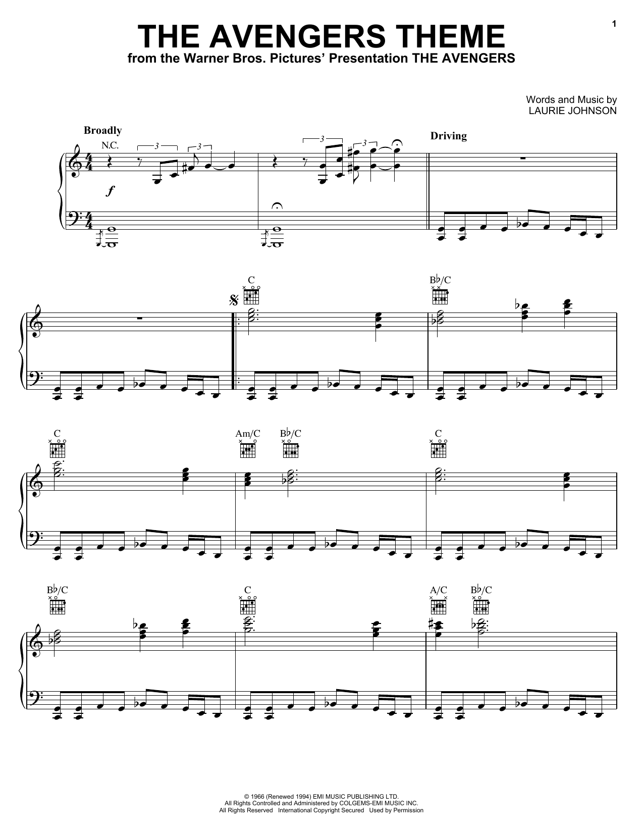 Laurie Johnson The Avengers Theme sheet music notes and chords arranged for Piano Solo