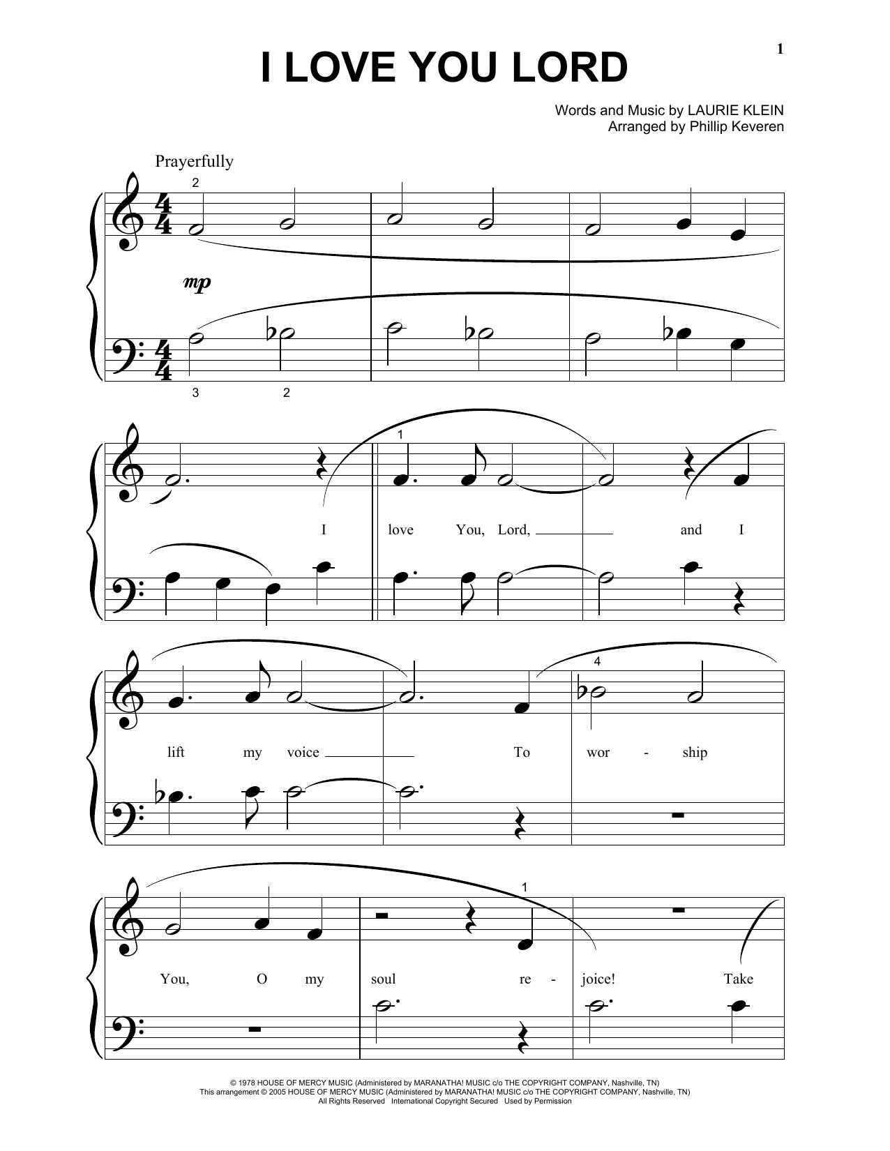 Laurie Klein I Love You Lord (arr. Phillip Keveren) sheet music notes and chords arranged for Piano Solo