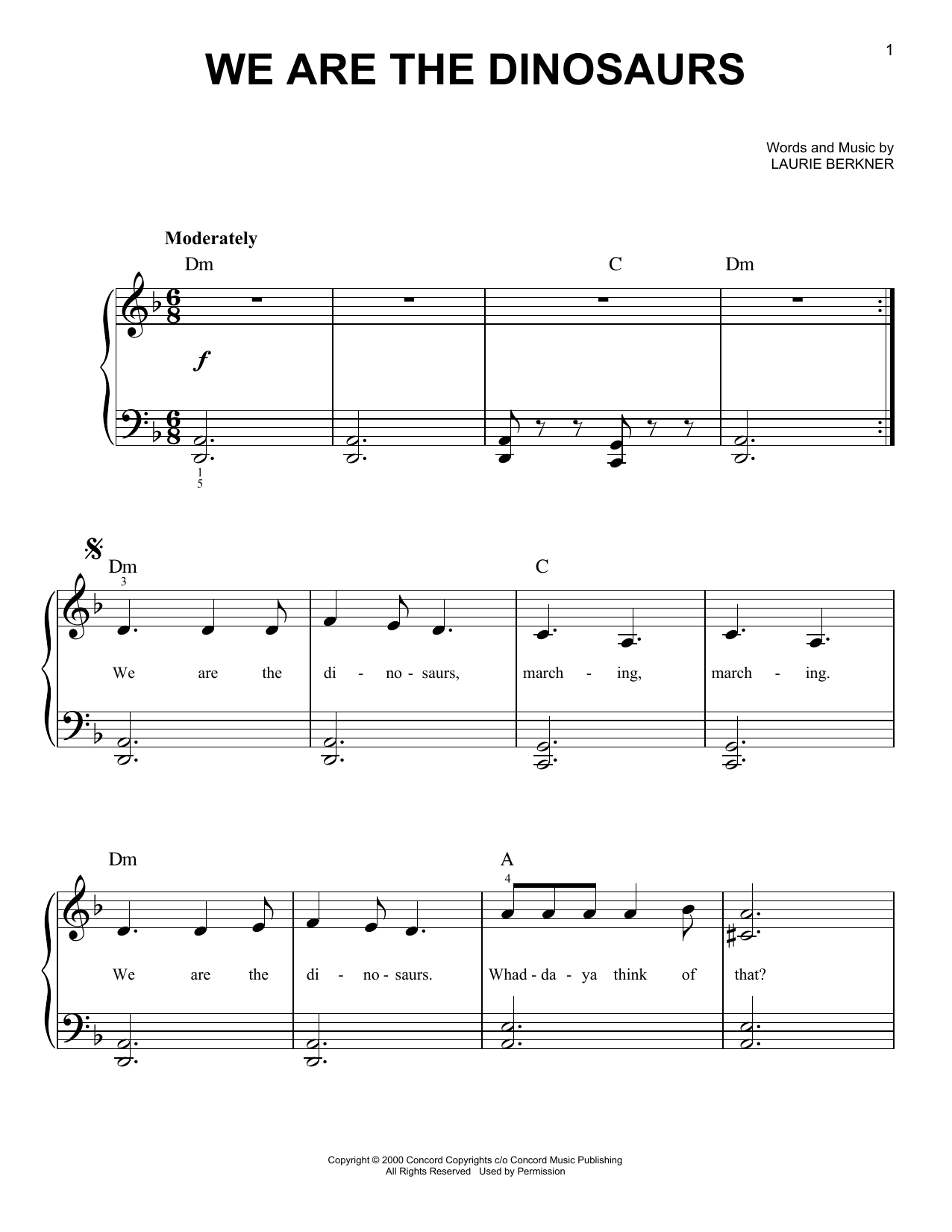 Laurissa Anne Berkner We Are The Dinosaurs sheet music notes and chords arranged for Easy Piano