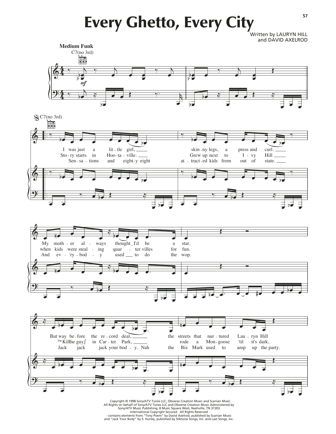 Lauryn Hill Every Ghetto, Every City sheet music notes and chords arranged for Piano, Vocal & Guitar Chords (Right-Hand Melody)