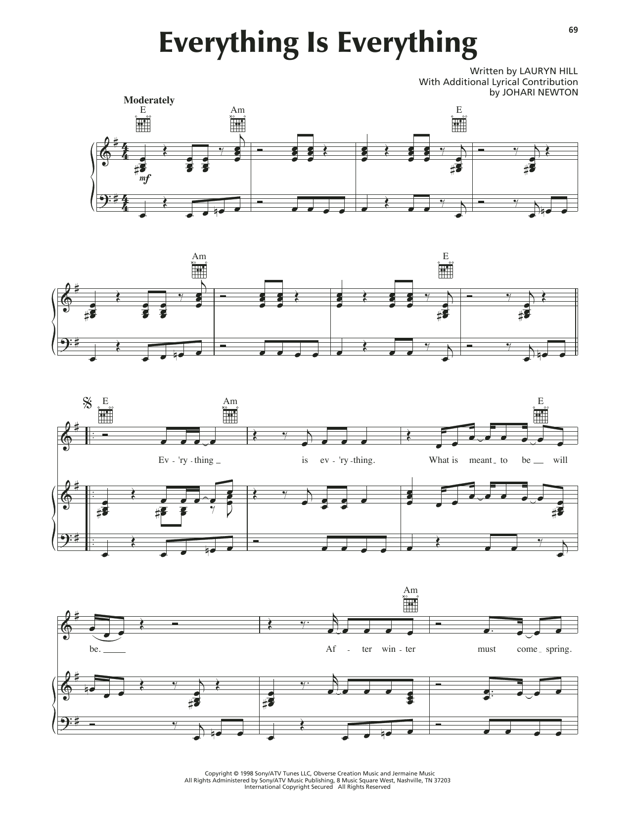 Lauryn Hill Everything Is Everything sheet music notes and chords arranged for Piano, Vocal & Guitar Chords (Right-Hand Melody)