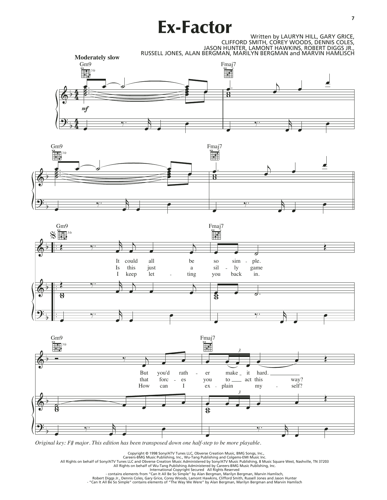 Lauryn Hill Ex-Factor sheet music notes and chords arranged for Piano, Vocal & Guitar Chords (Right-Hand Melody)