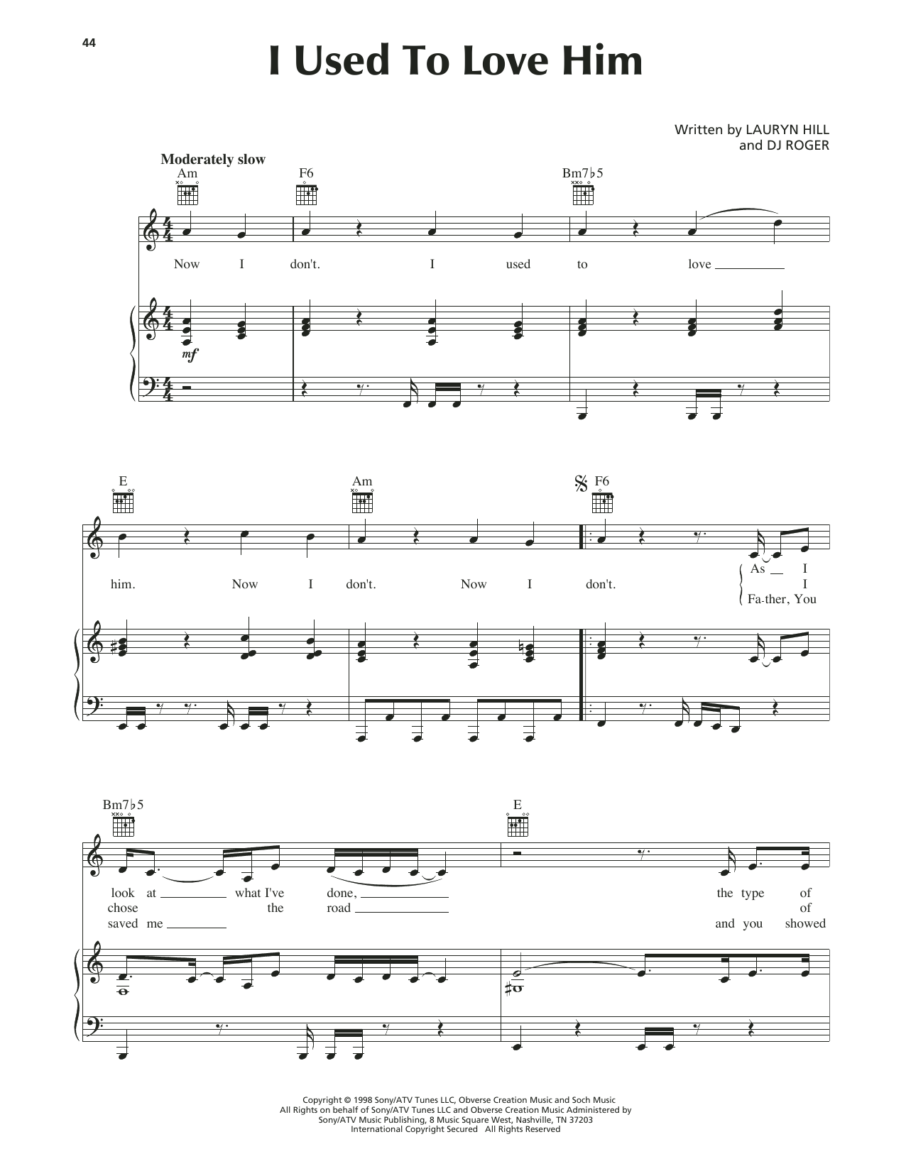 Lauryn Hill I Used To Love Him sheet music notes and chords arranged for Piano, Vocal & Guitar Chords (Right-Hand Melody)