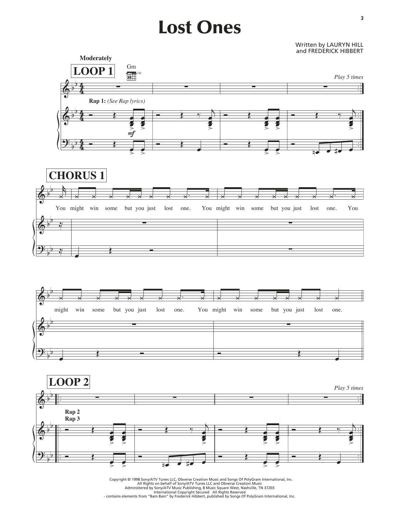 Lauryn Hill Lost Ones sheet music notes and chords arranged for Piano, Vocal & Guitar Chords (Right-Hand Melody)