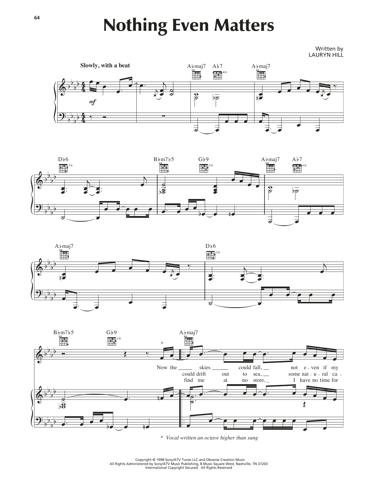 Lauryn Hill Nothing Even Matters sheet music notes and chords arranged for Piano, Vocal & Guitar Chords (Right-Hand Melody)