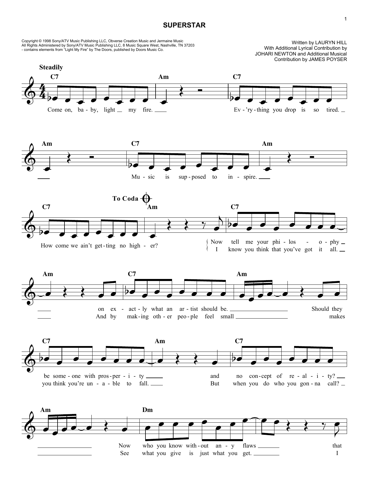 Lauryn Hill Superstar sheet music notes and chords arranged for Piano, Vocal & Guitar Chords (Right-Hand Melody)