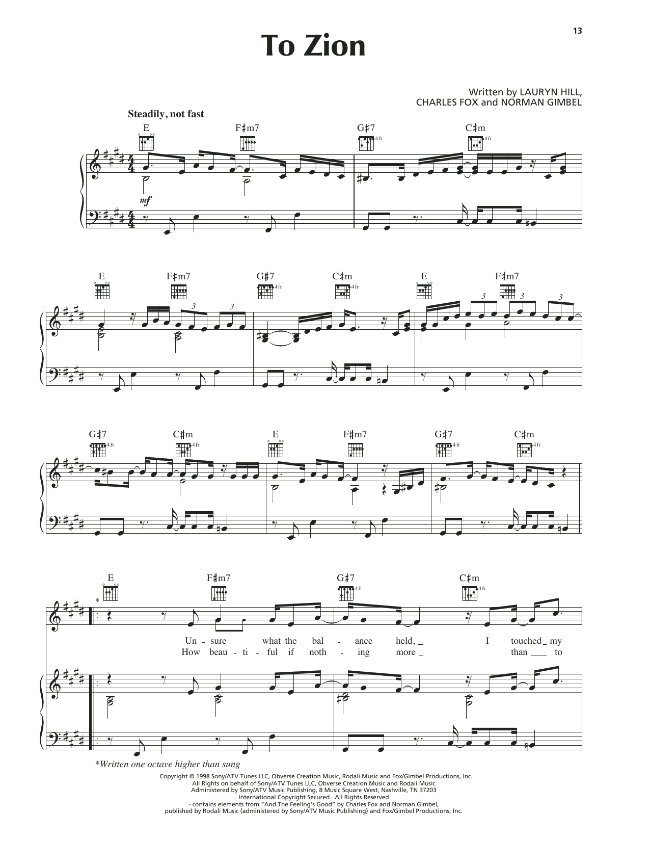 Lauryn Hill To Zion sheet music notes and chords arranged for Piano, Vocal & Guitar Chords (Right-Hand Melody)