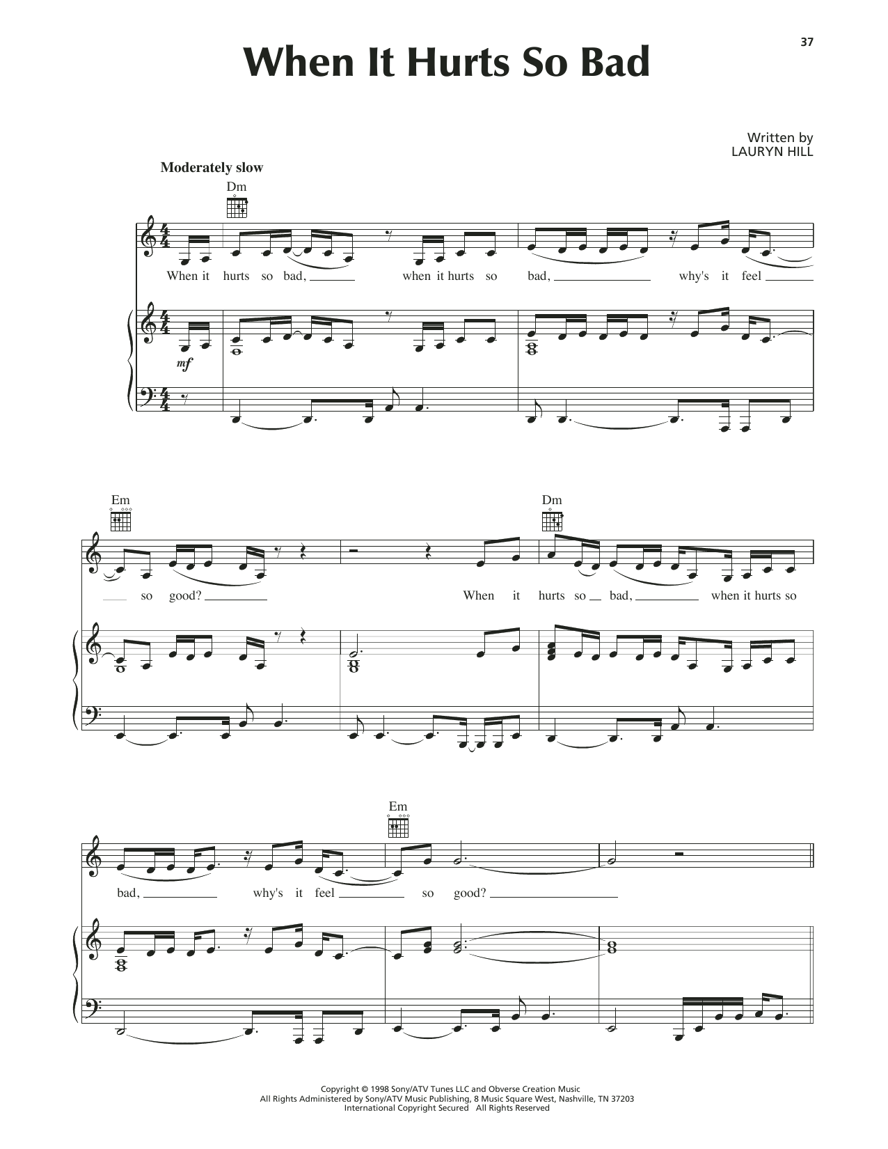 Lauryn Hill When It Hurts So Bad sheet music notes and chords arranged for Piano, Vocal & Guitar Chords (Right-Hand Melody)