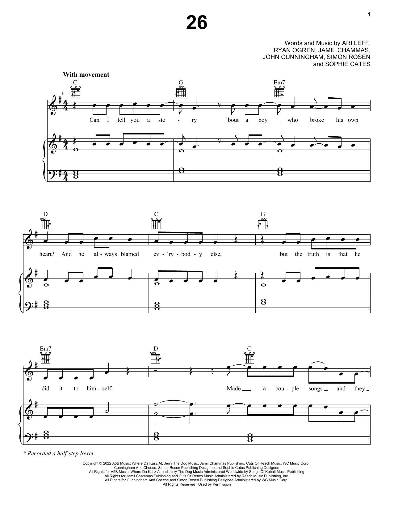 Lauv 26 sheet music notes and chords arranged for Piano, Vocal & Guitar Chords (Right-Hand Melody)