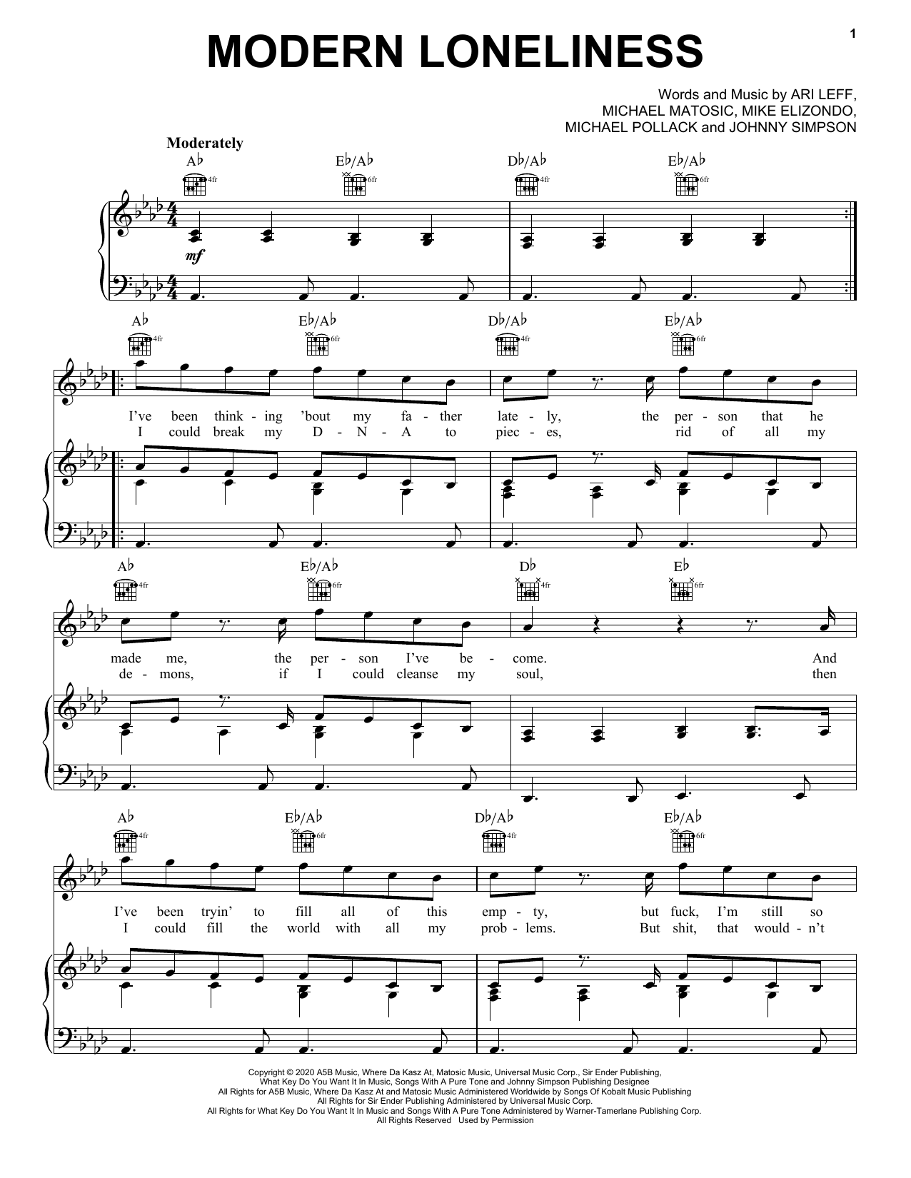 Lauv Modern Loneliness sheet music notes and chords arranged for Piano, Vocal & Guitar Chords (Right-Hand Melody)