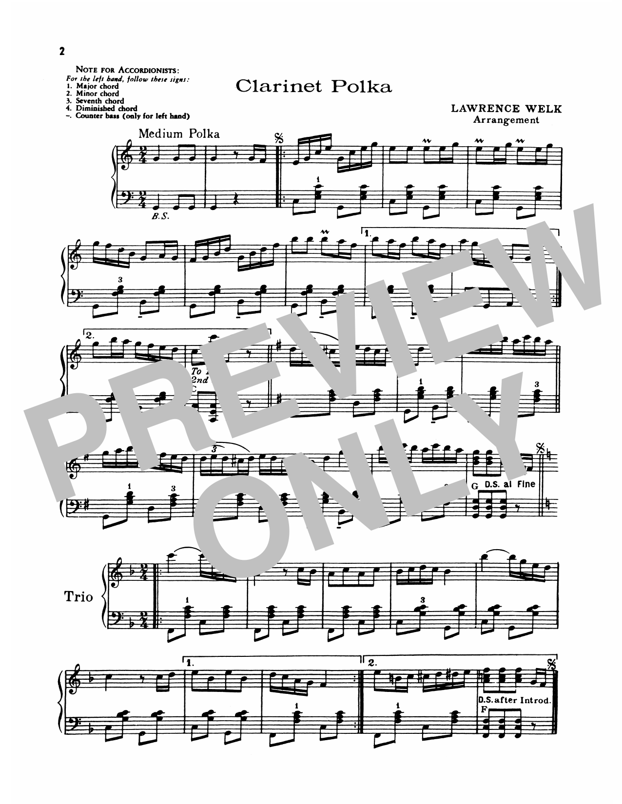 Lawrence Welk Clarinet Polka sheet music notes and chords arranged for Piano Solo