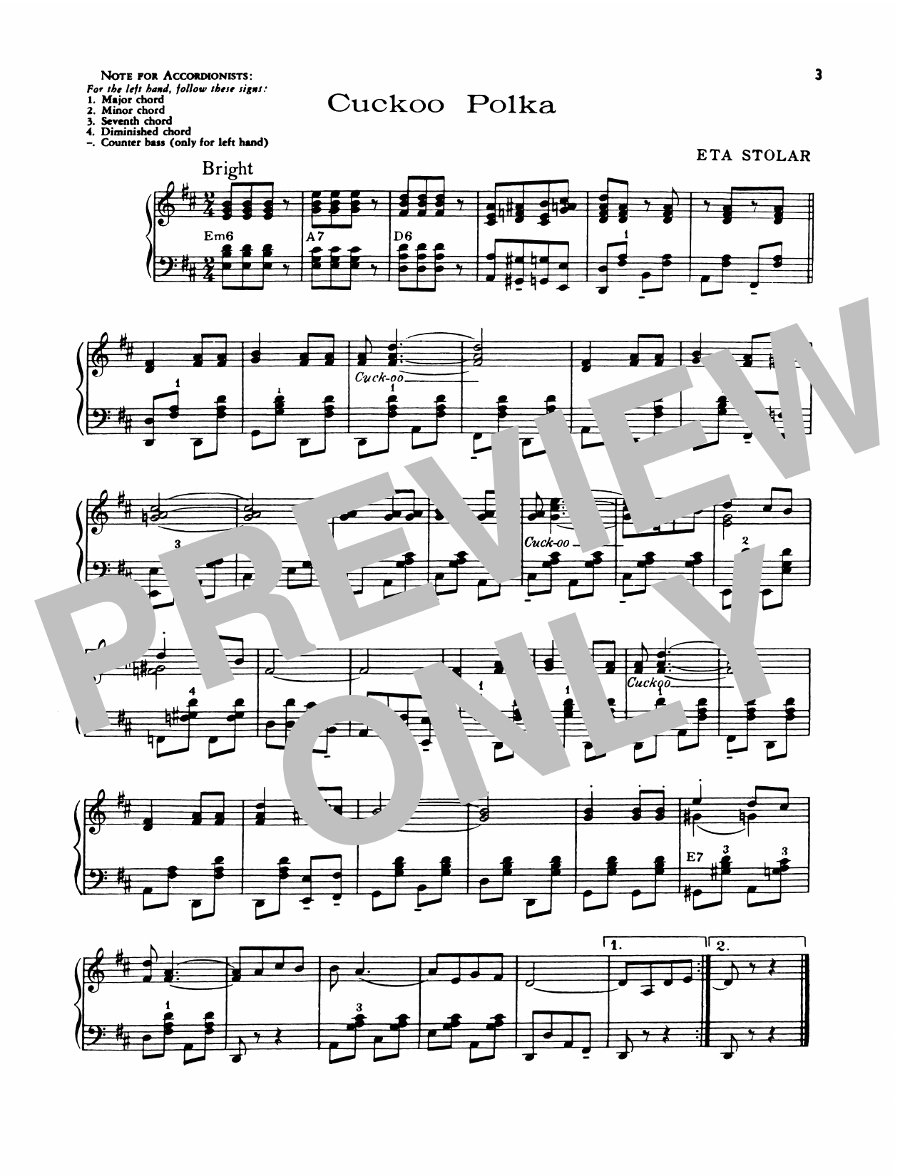 Lawrence Welk Cuckoo Polka sheet music notes and chords arranged for Piano Solo