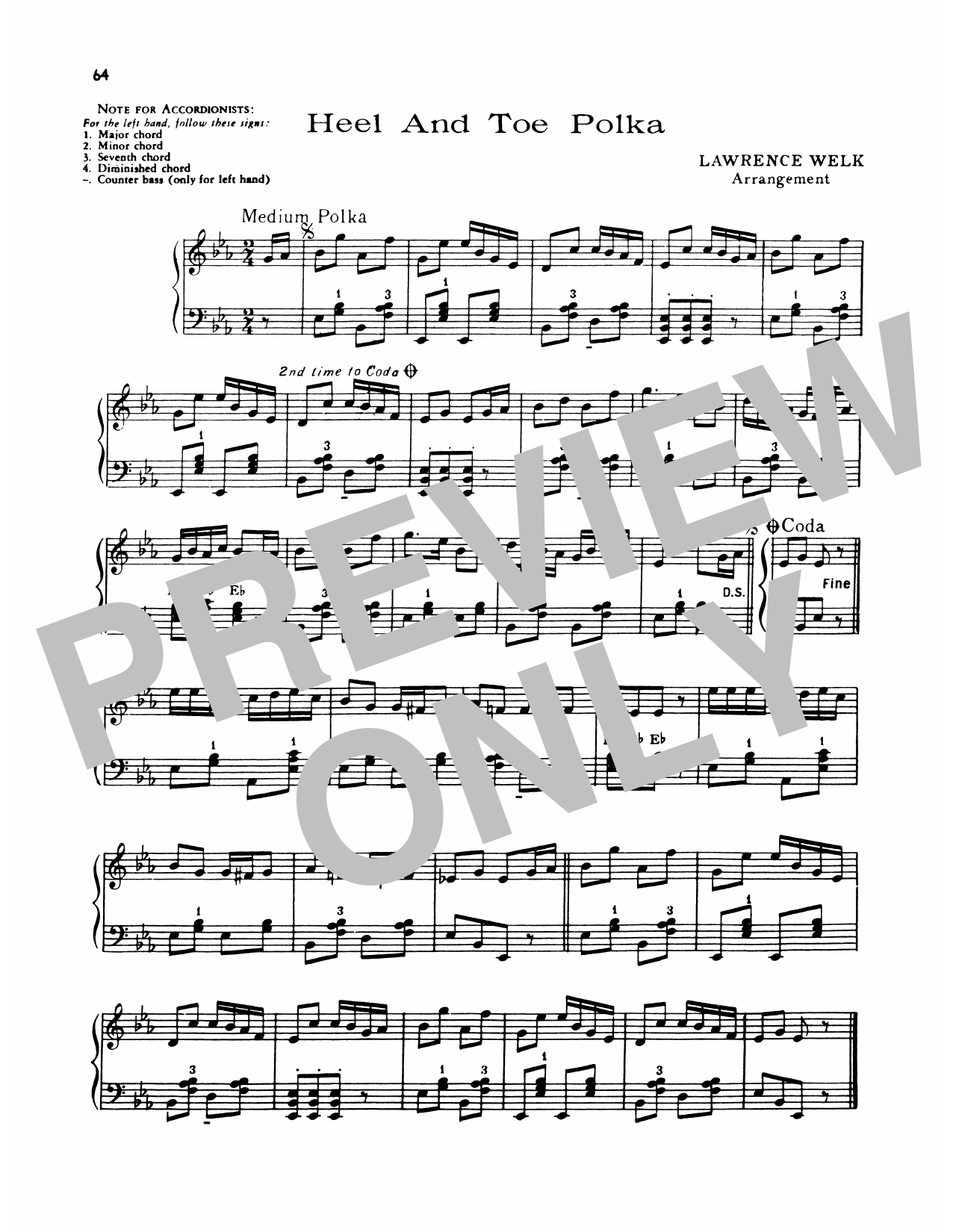 Lawrence Welk Heel And Toe Polka sheet music notes and chords arranged for Piano Solo