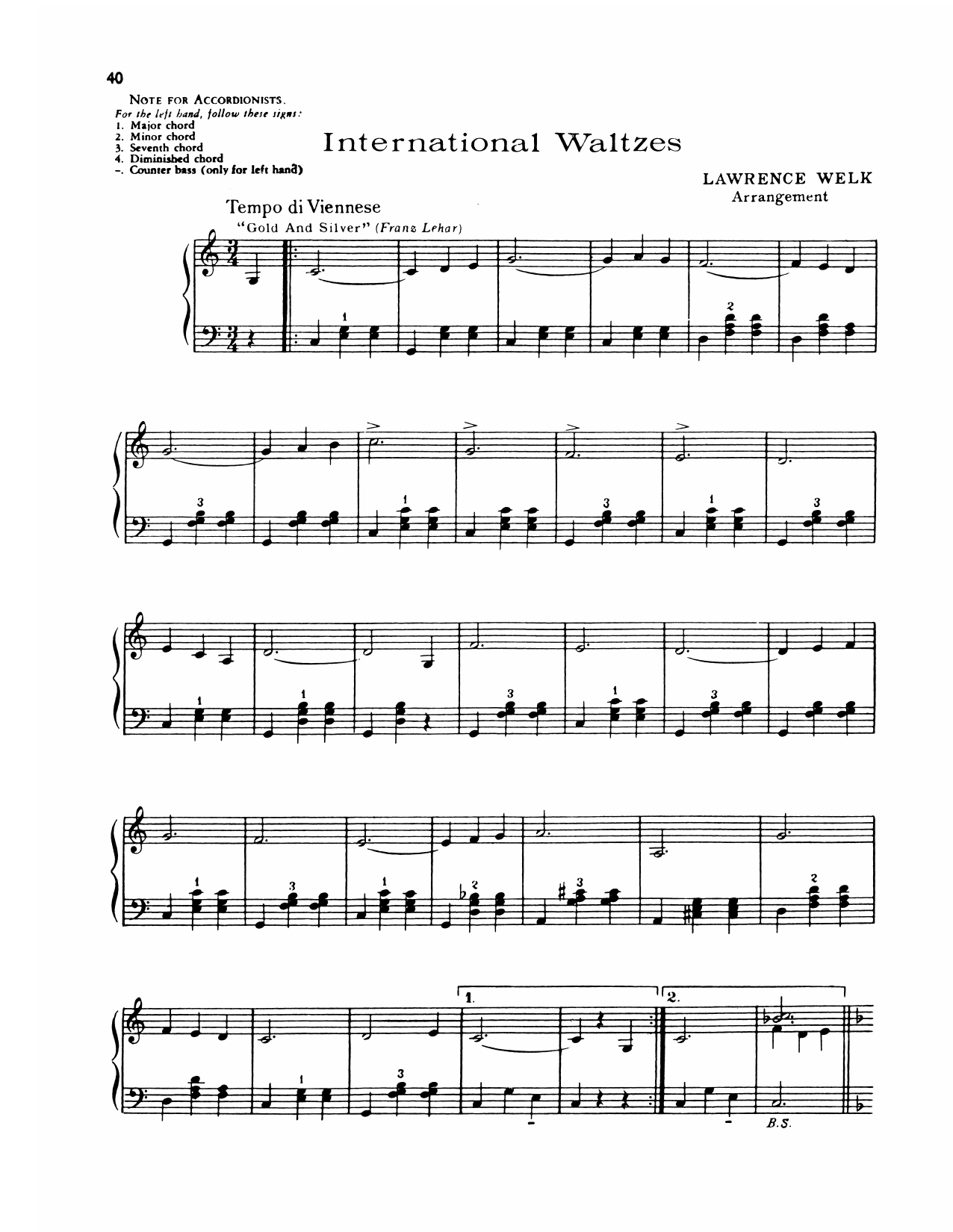 Lawrence Welk International Waltzes sheet music notes and chords arranged for Piano Solo