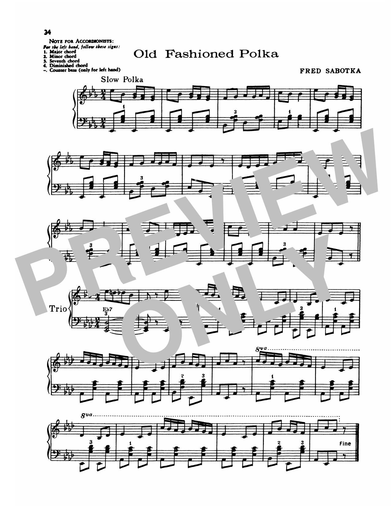 Lawrence Welk Old Fashioned Polka sheet music notes and chords arranged for Piano Solo