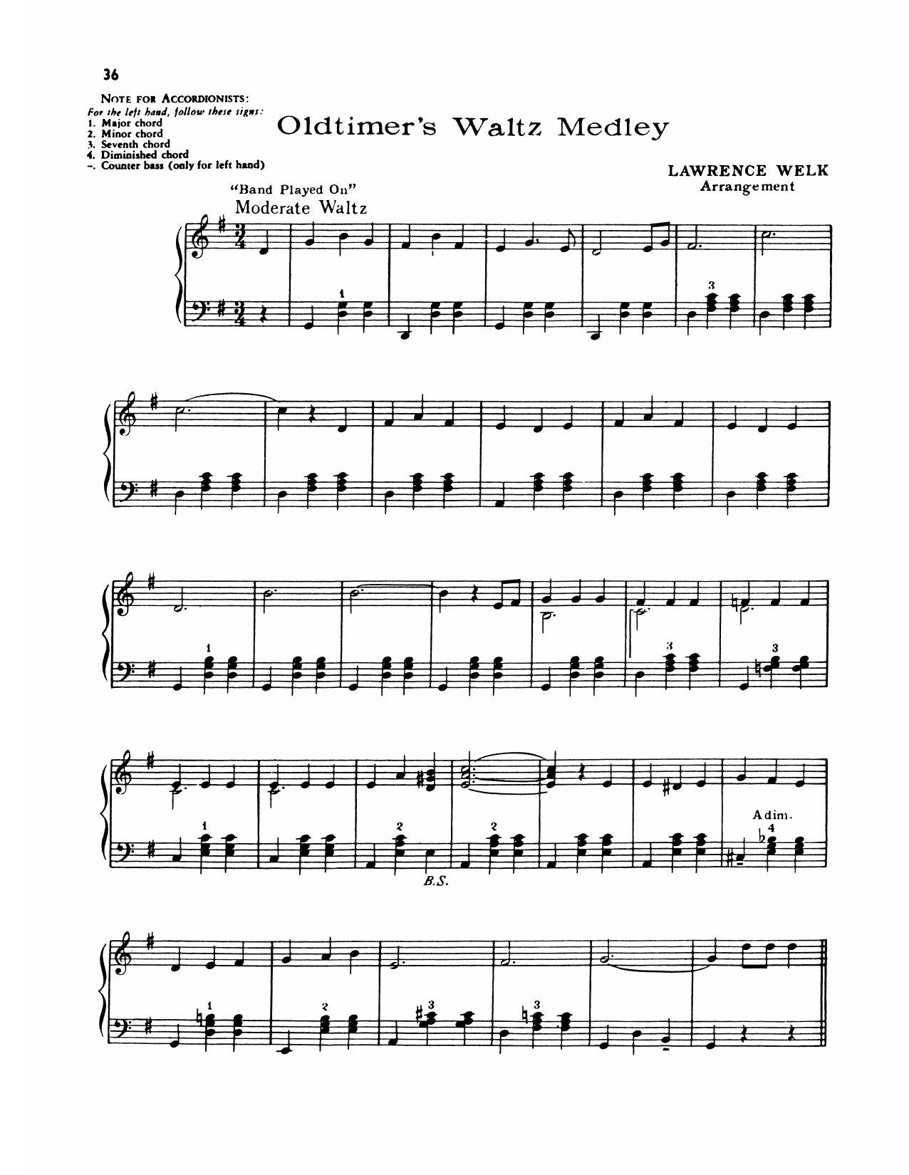 Lawrence Welk Oldtimer's Waltz Medley sheet music notes and chords arranged for Piano Solo