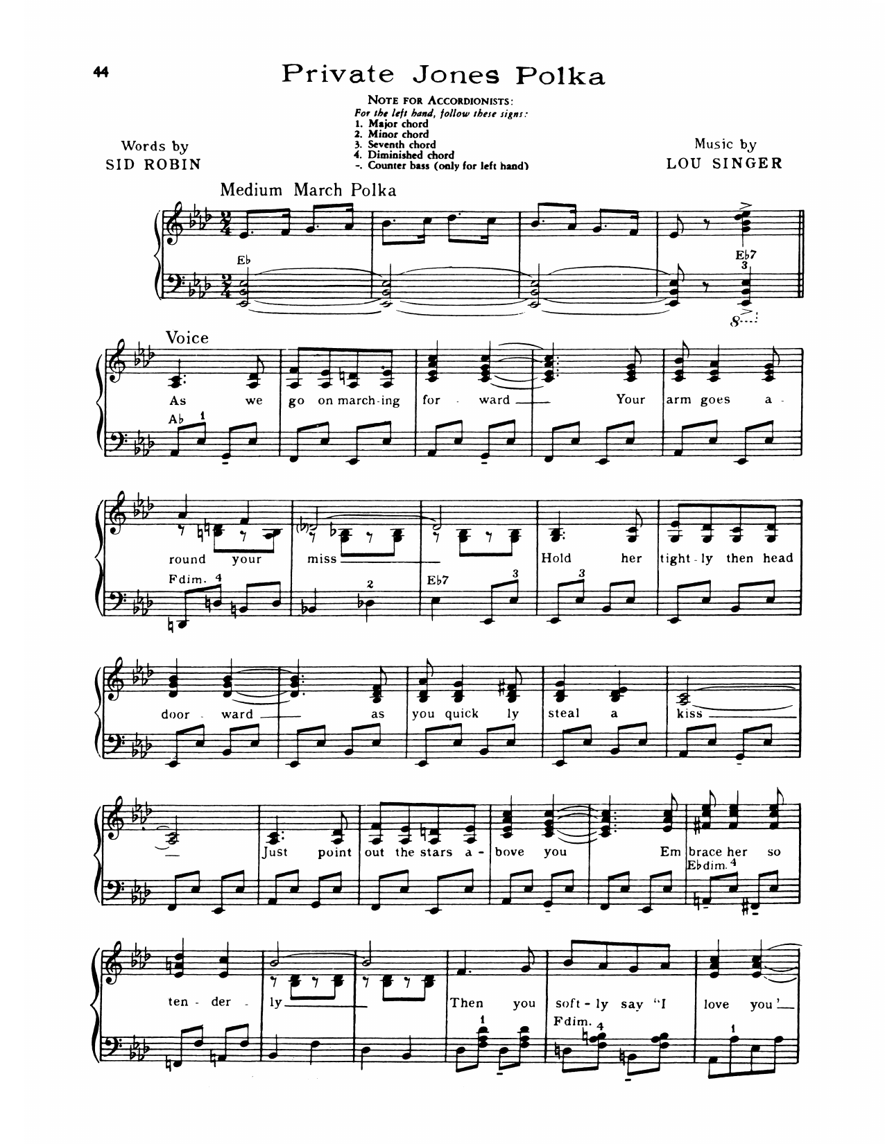 Lawrence Welk Private Jones Polka sheet music notes and chords arranged for Piano Solo